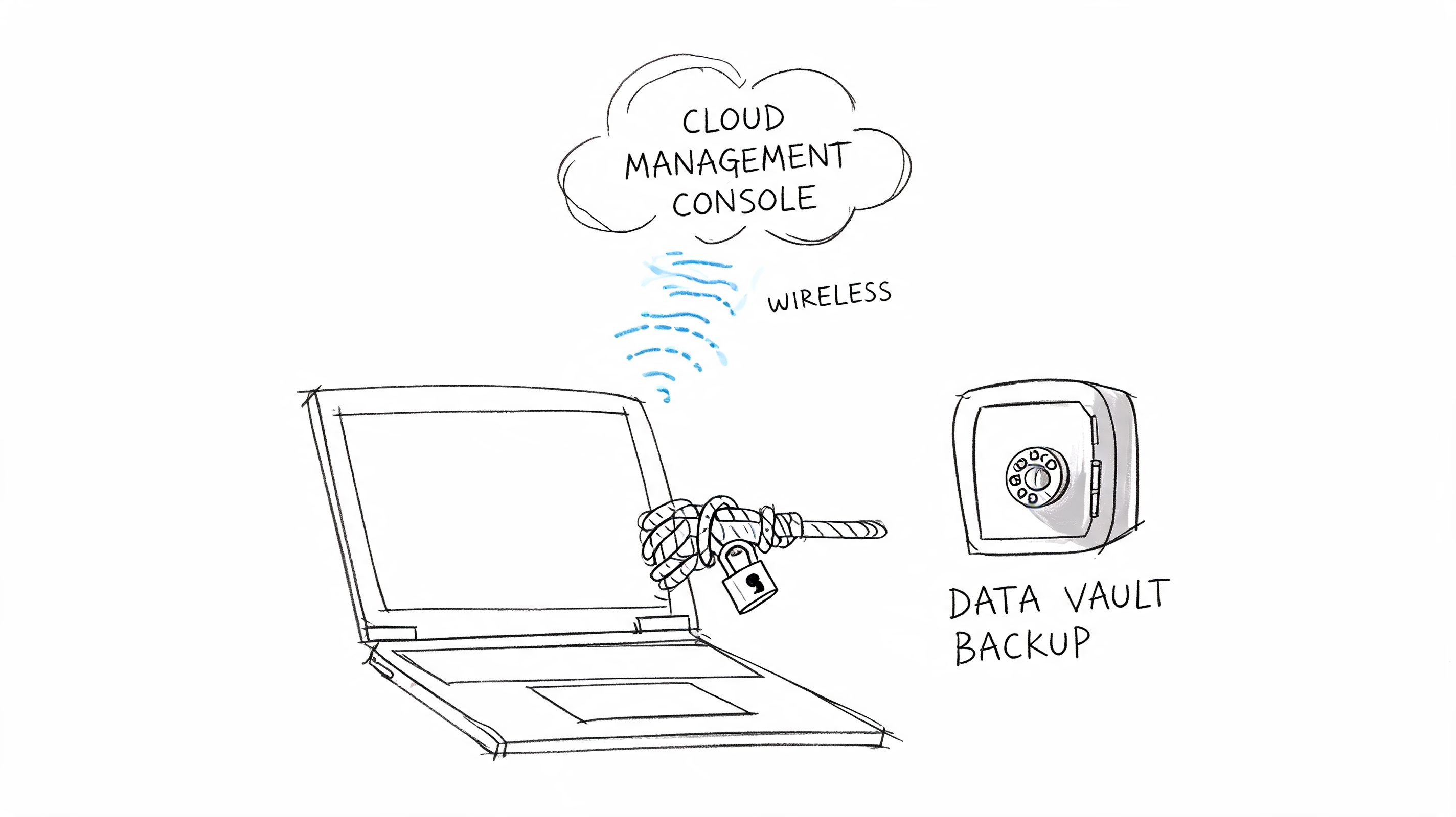 A hand-drawn illustration showing a laptop connected to a cloud management console with secure data vault backup.