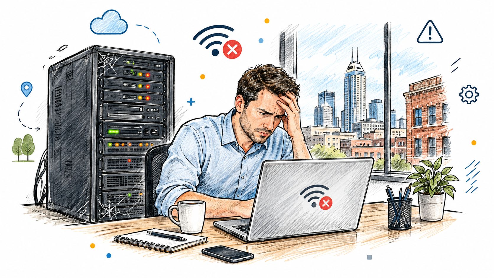 A stressed IT professional working on a laptop with connectivity issues in front of a server rack.
