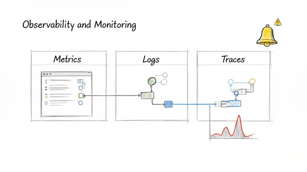 Hand-drawn diagram illustrating observability and monitoring concepts with metrics, logs, traces, and an alert bell.