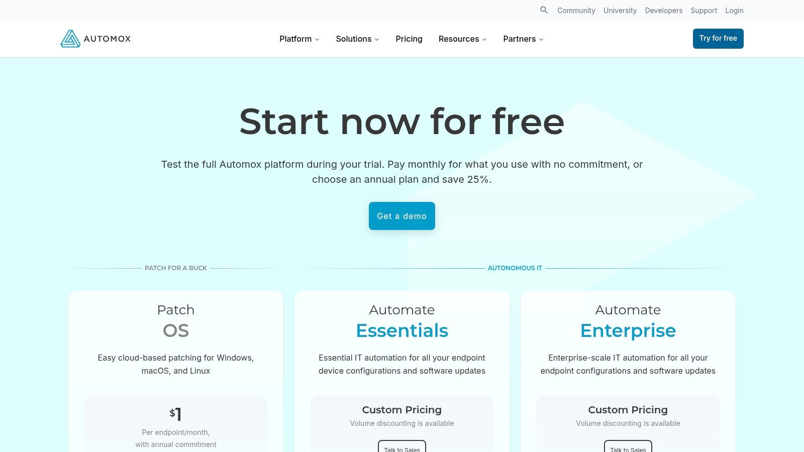 Automox pricing plans showing Basic, Standard, and Complete tiers with feature breakdowns