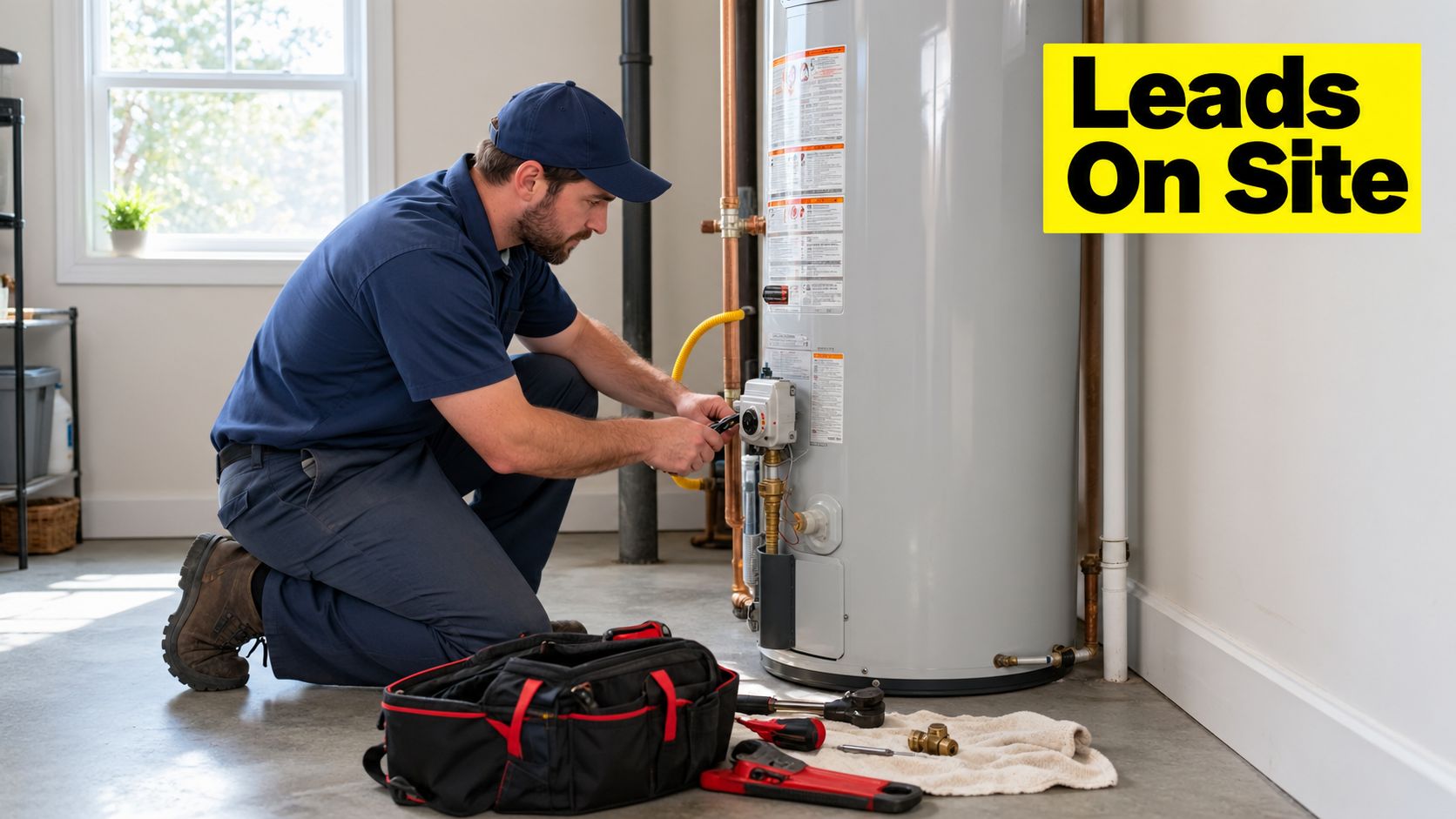 A professional plumber in a uniform kneeling down while repairing a residential water heater unit.