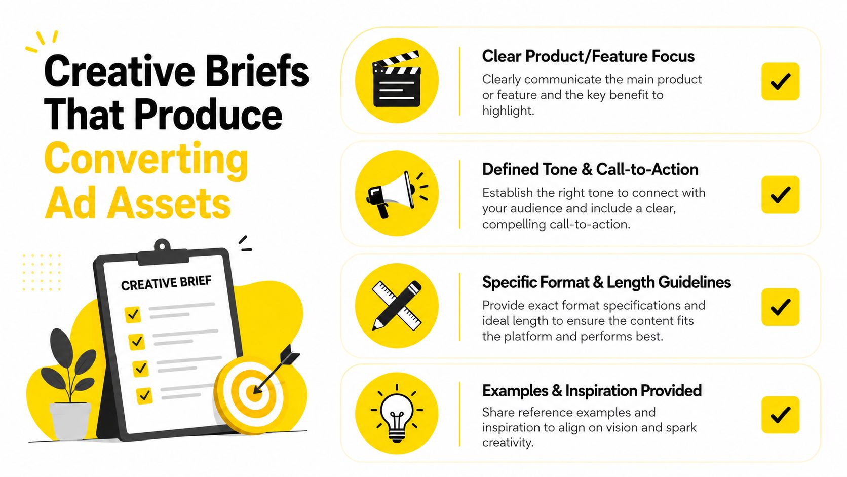 A graphic illustration detailing four essential tips for creating effective and high-converting ad creative briefs.