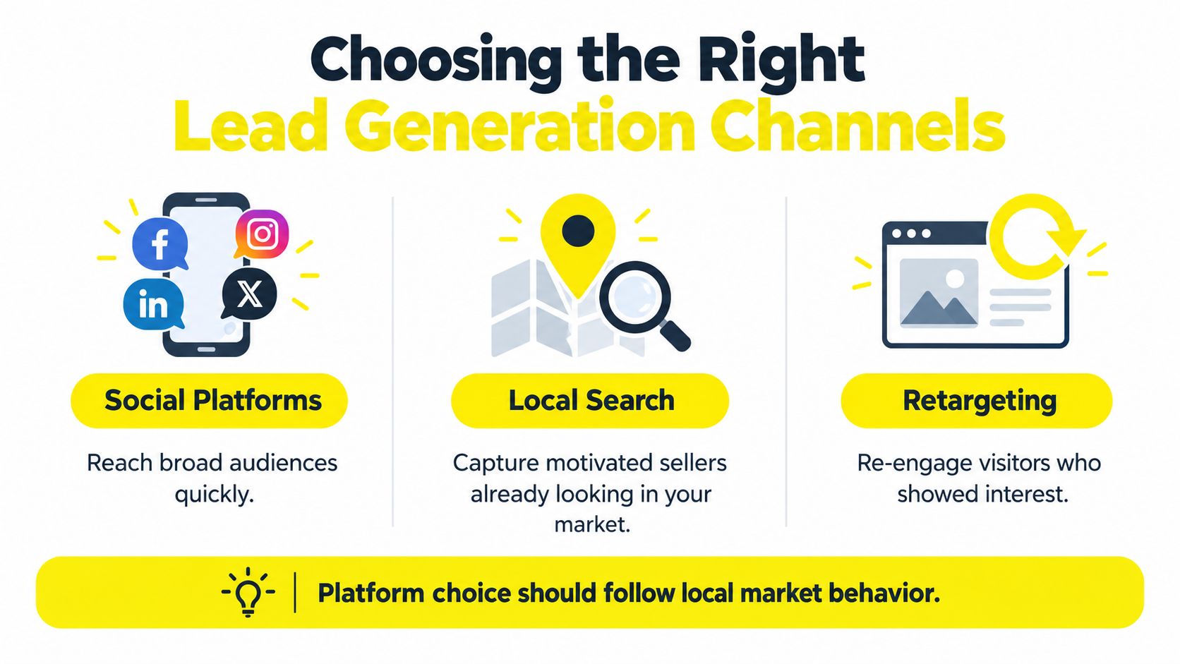 An infographic showing three lead generation channels: social platforms, local search, and retargeting for investors.