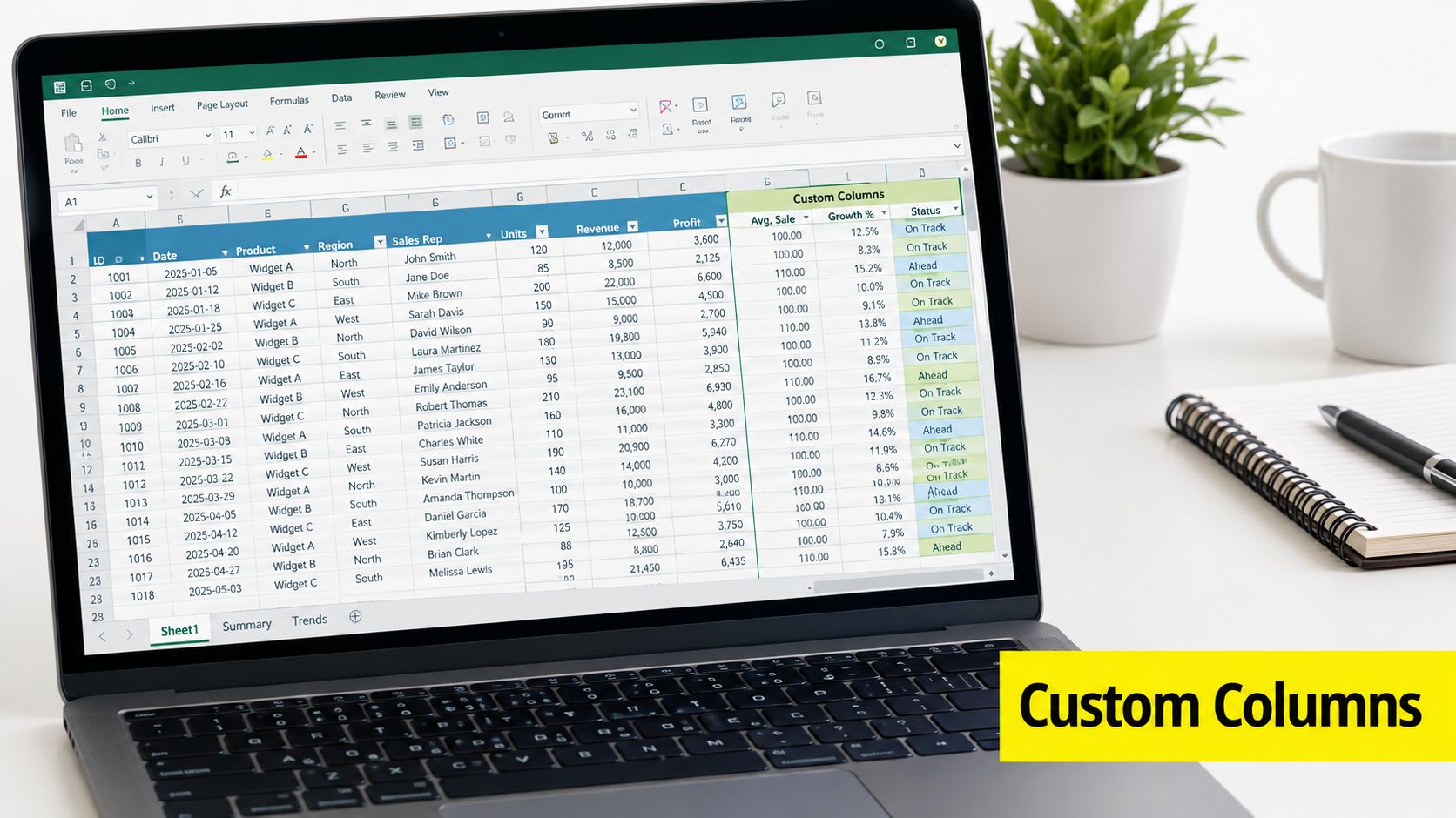 A modern laptop displaying an Excel spreadsheet with sales data on a clean desk workspace.