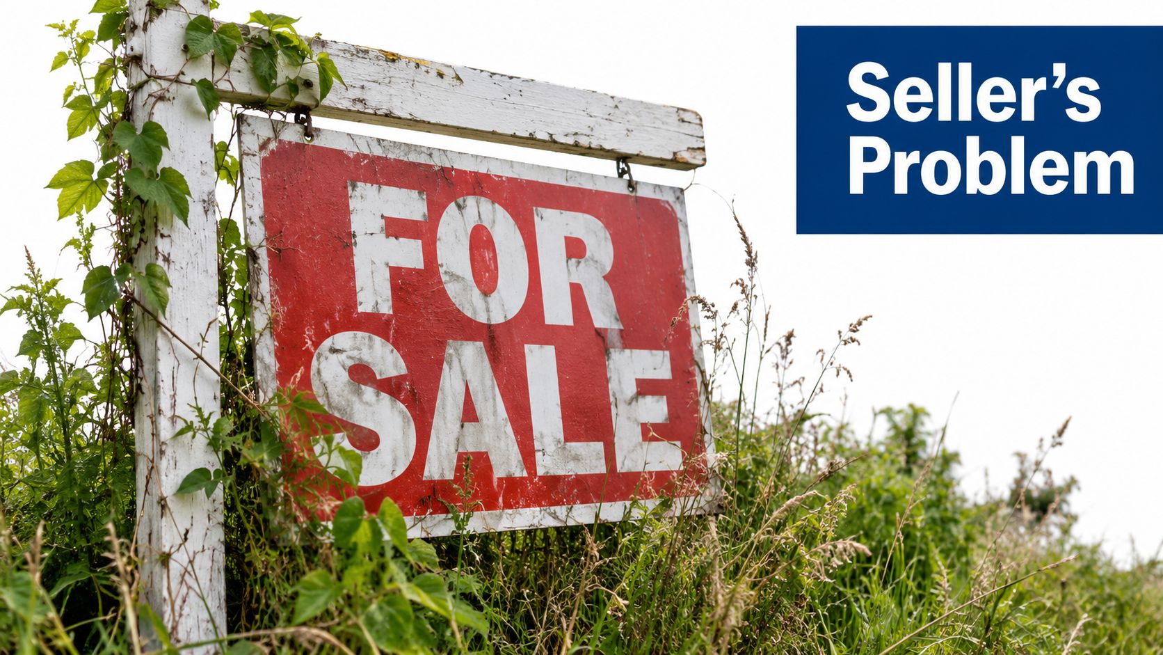 A weathered red For Sale sign standing in tall grass and overgrown vines.
