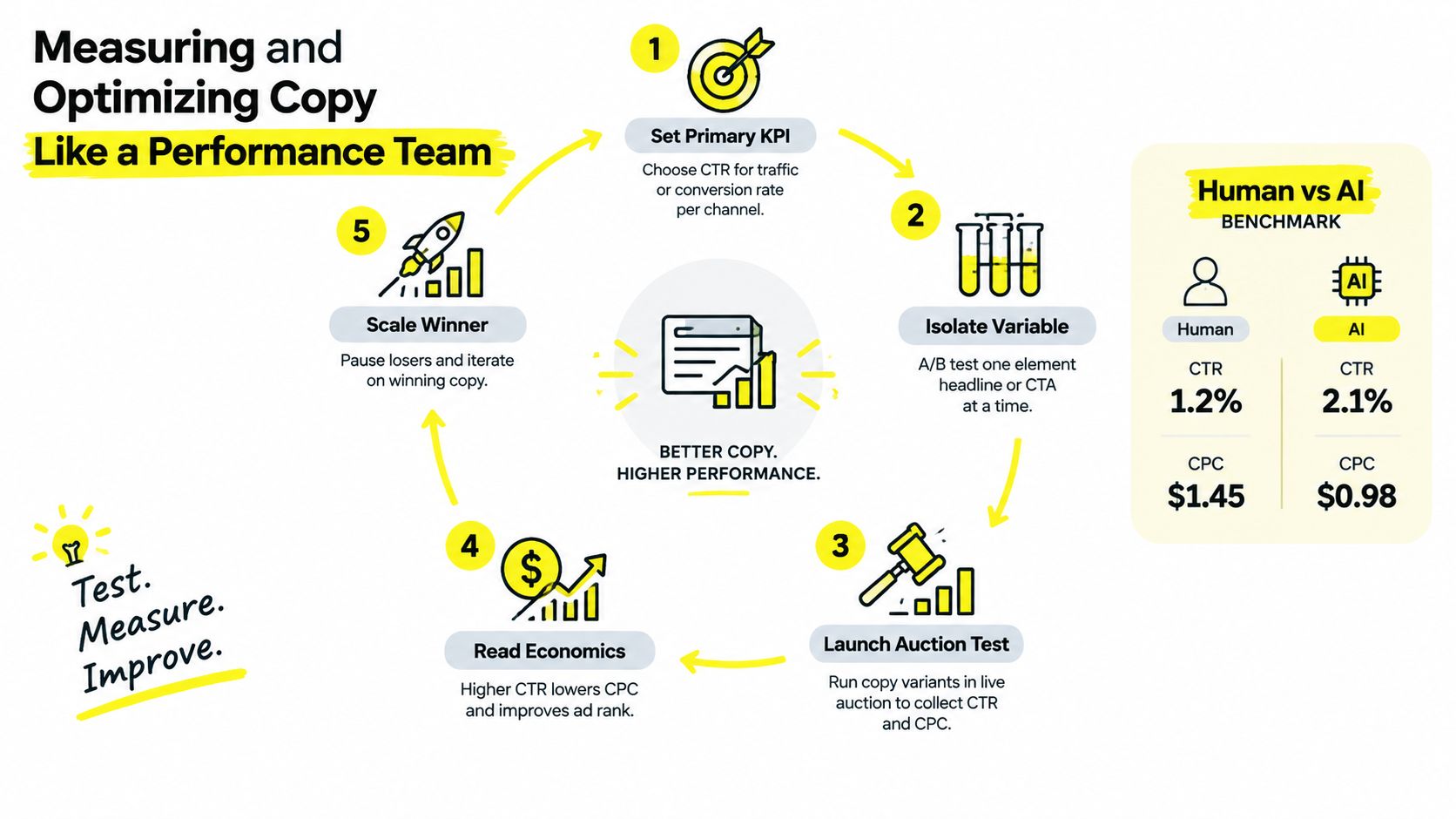 An infographic showing a five-step cycle for measuring and optimizing advertising copy to improve campaign performance.