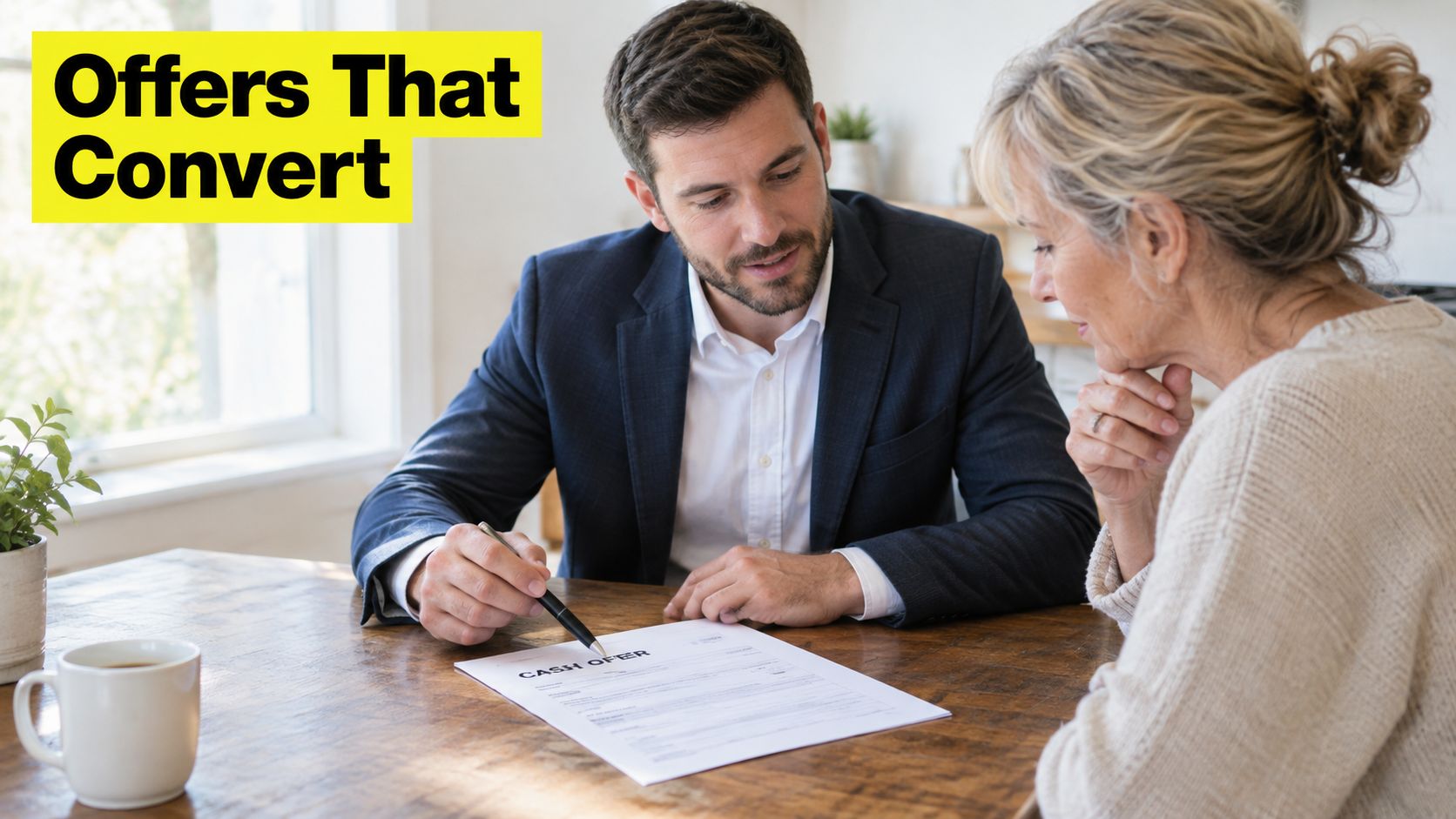 A professional real estate investor reviewing a cash offer document with an elderly woman at a table.