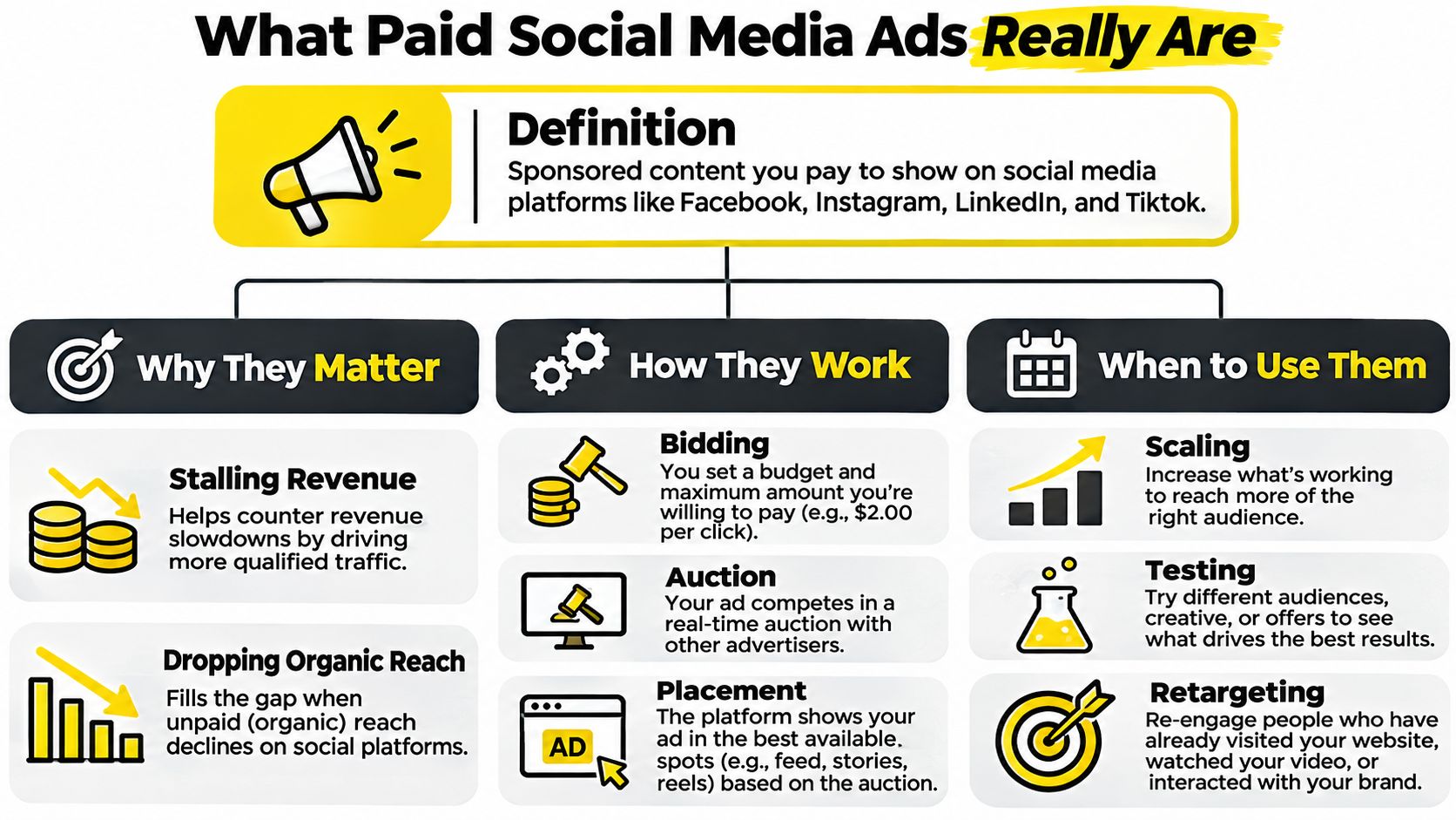 An infographic titled What Paid Social Media Ads Really Are explaining their definition, importance, function, and usage.