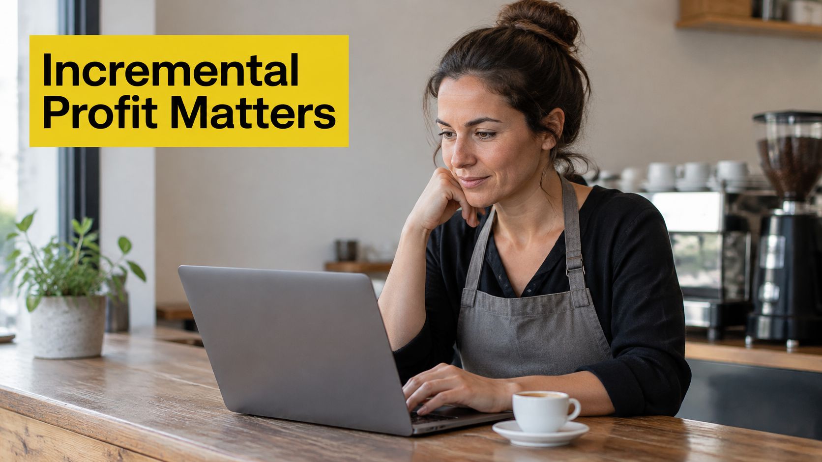 A female small business owner working on a laptop at a wooden counter with a coffee cup.