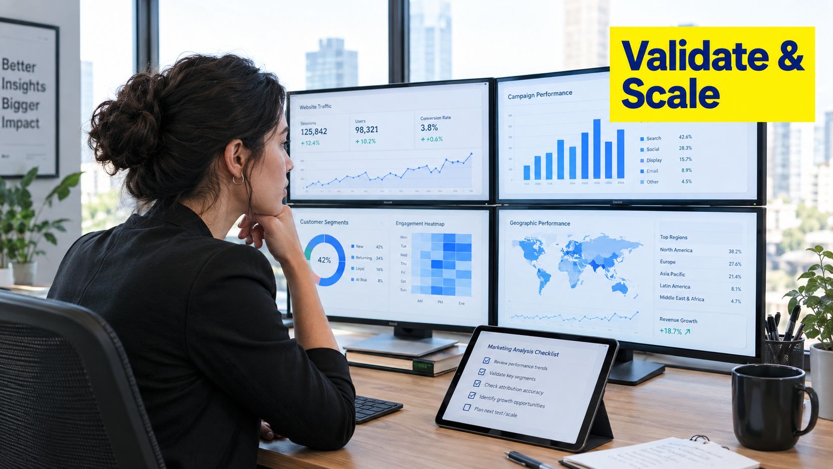 A businesswoman analyzing marketing data dashboards on multiple computer monitors in a modern, well-lit office workspace.