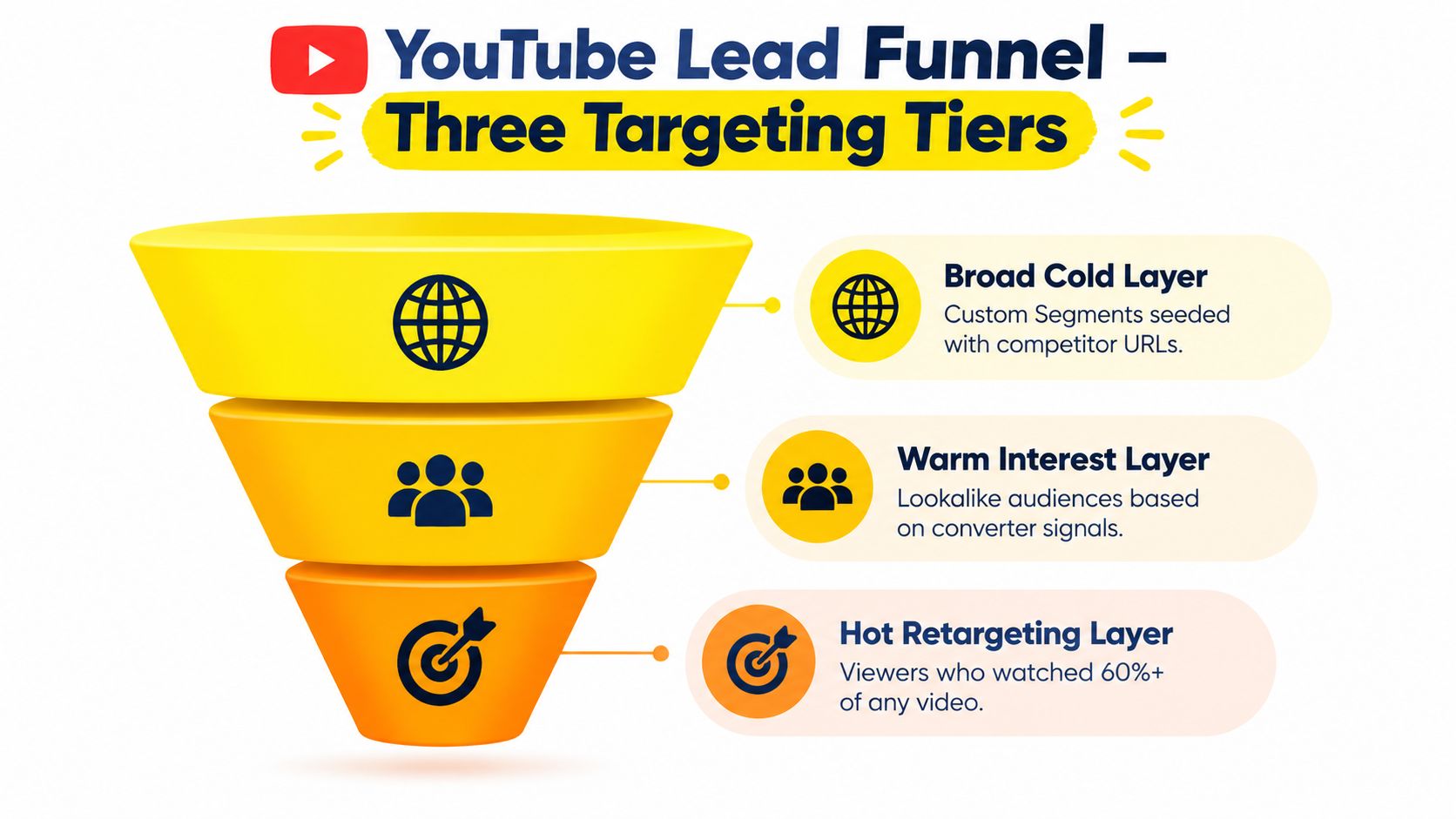 A marketing funnel diagram for YouTube lead generation showing broad, warm, and hot targeting layers.