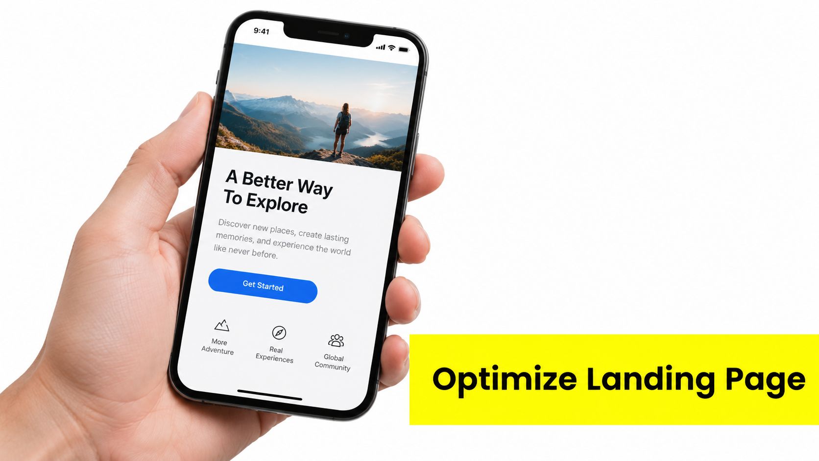 A hand holding a smartphone displaying a mobile landing page for an adventure travel website application.