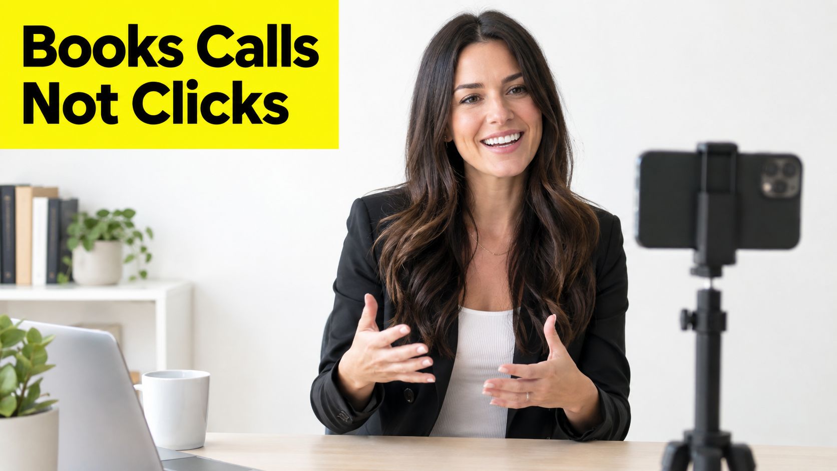 A professional woman in a black blazer smiling while recording a video on her smartphone setup.