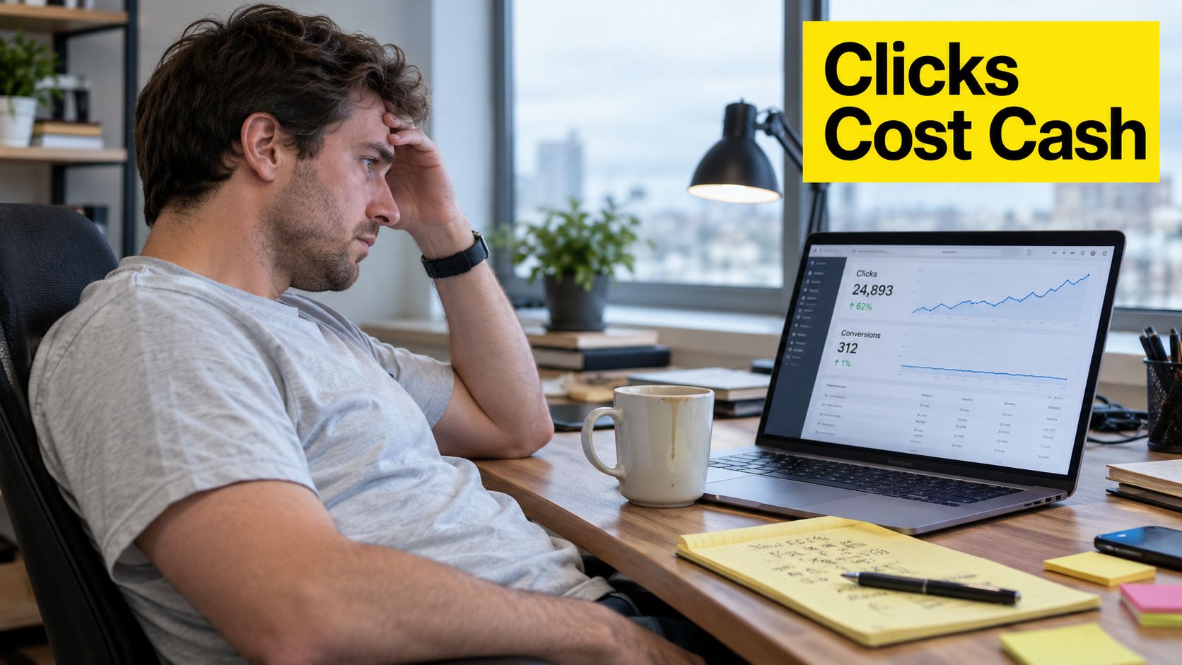 A stressed man sitting at a desk looking at a laptop screen showing marketing data analytics.