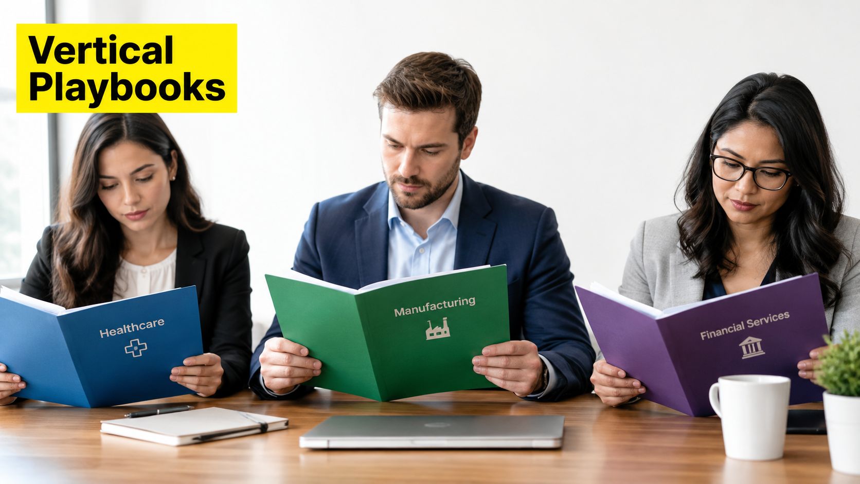 Three professionals in a meeting reading industry-specific playbooks for Healthcare, Manufacturing, and Financial Services.