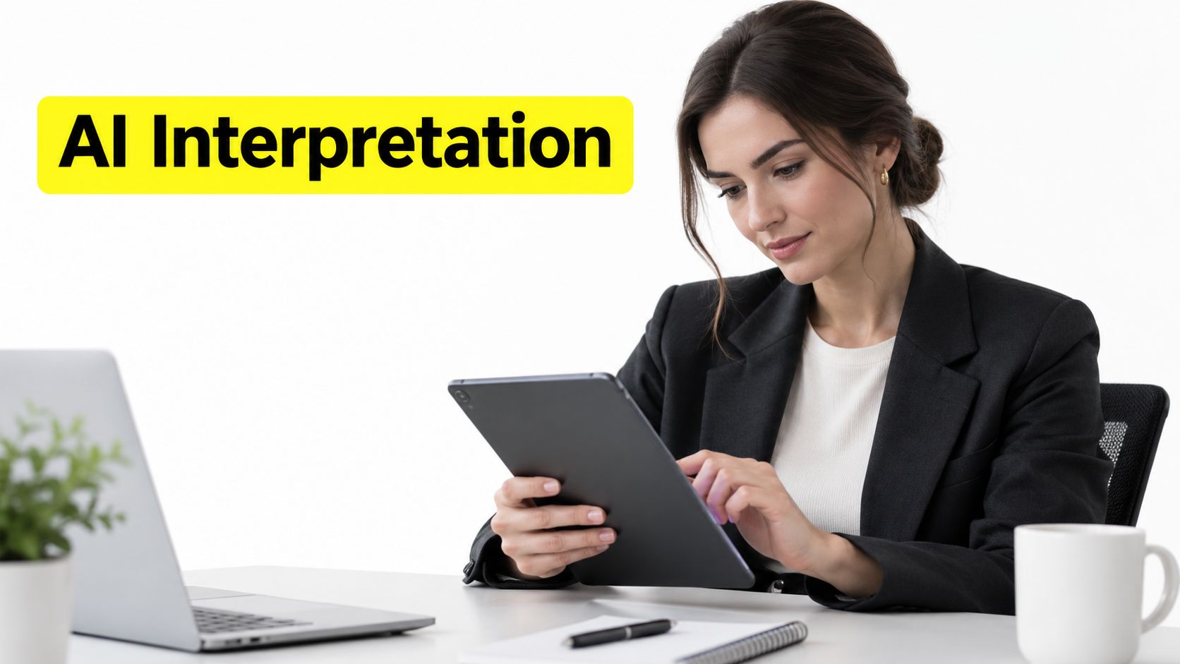 A professional woman in a business suit sitting at her desk and using a tablet device.