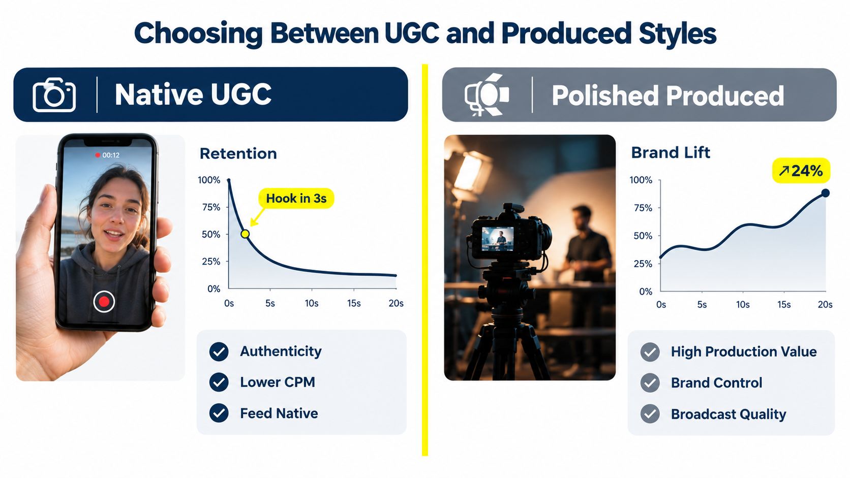 A comparison chart showing the differences between Native UGC and Polished Produced video ad styles.