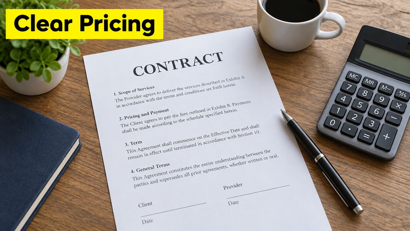 A professional contract document on a desk with a coffee mug, calculator, and pen nearby.