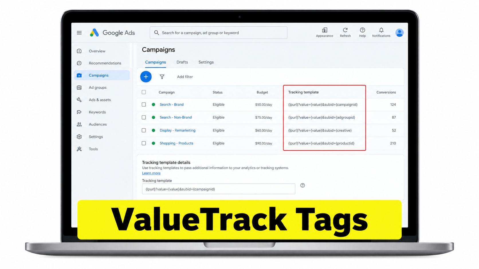 A laptop screen displaying a Google Ads dashboard showing campaigns with custom ValueTrack tracking templates applied.