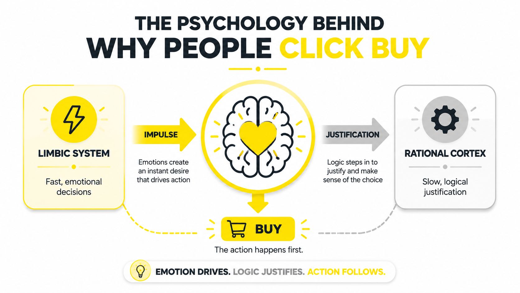 A diagram explaining the psychology behind consumer buying decisions, highlighting the roles of emotion and logic.