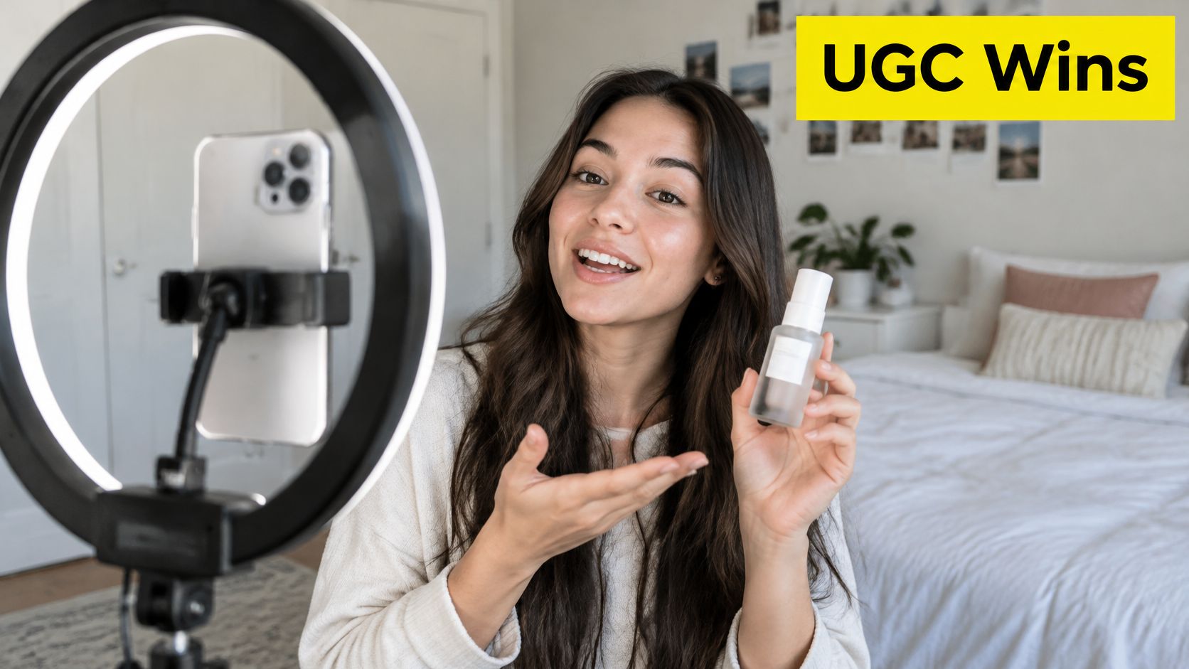 A smiling content creator holds a skincare bottle while recording a video using a ring light setup.