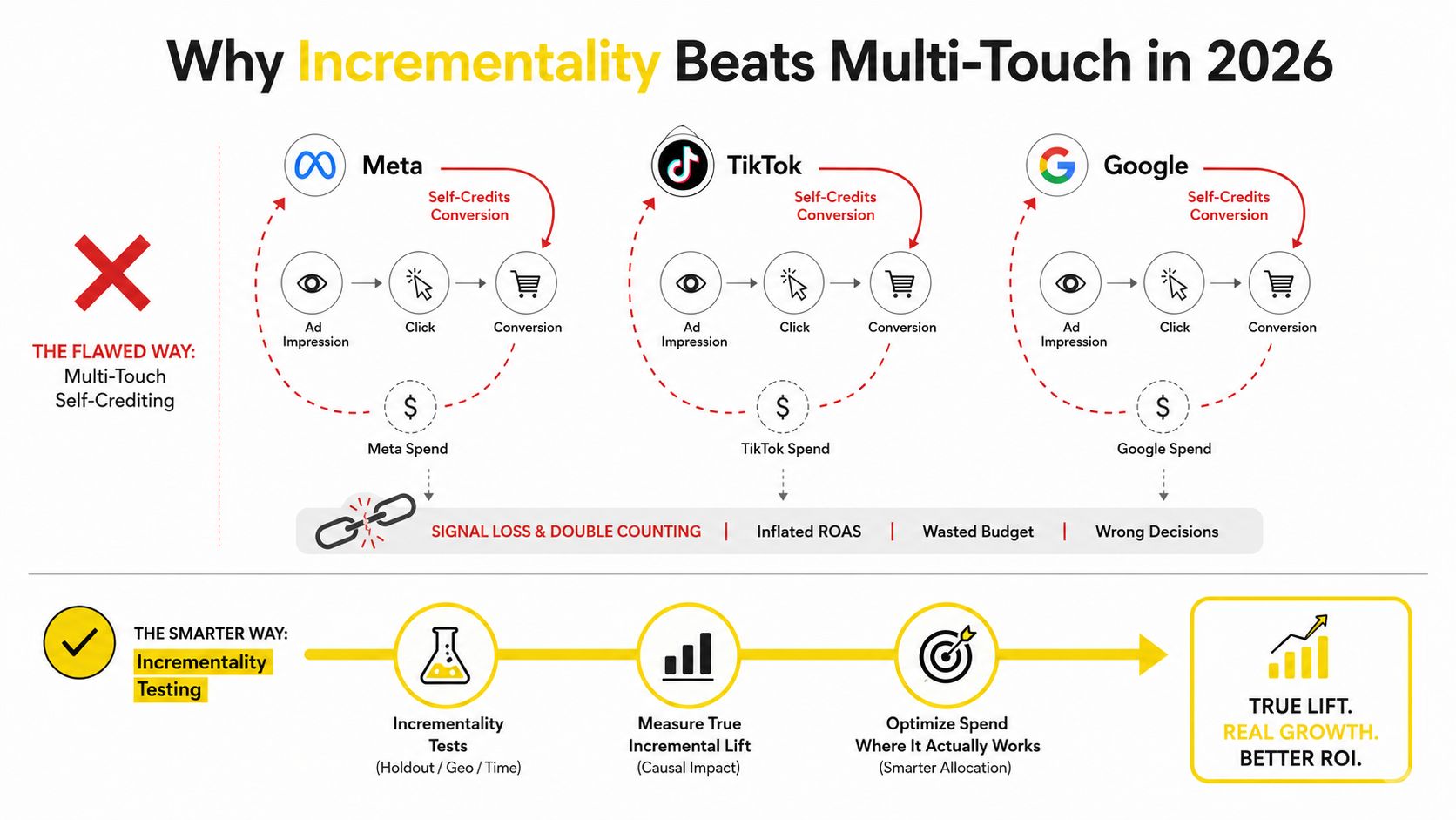 A diagram contrasting flawed multi-touch attribution with the smarter approach of incrementality testing for marketing.