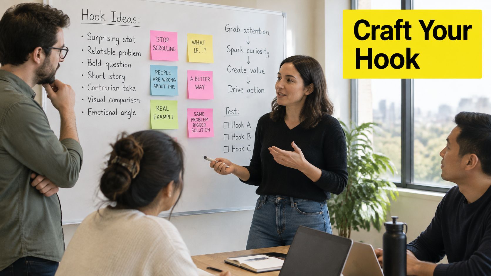 A professional team brainstorms creative marketing hook ideas on a whiteboard in a bright modern office setting.