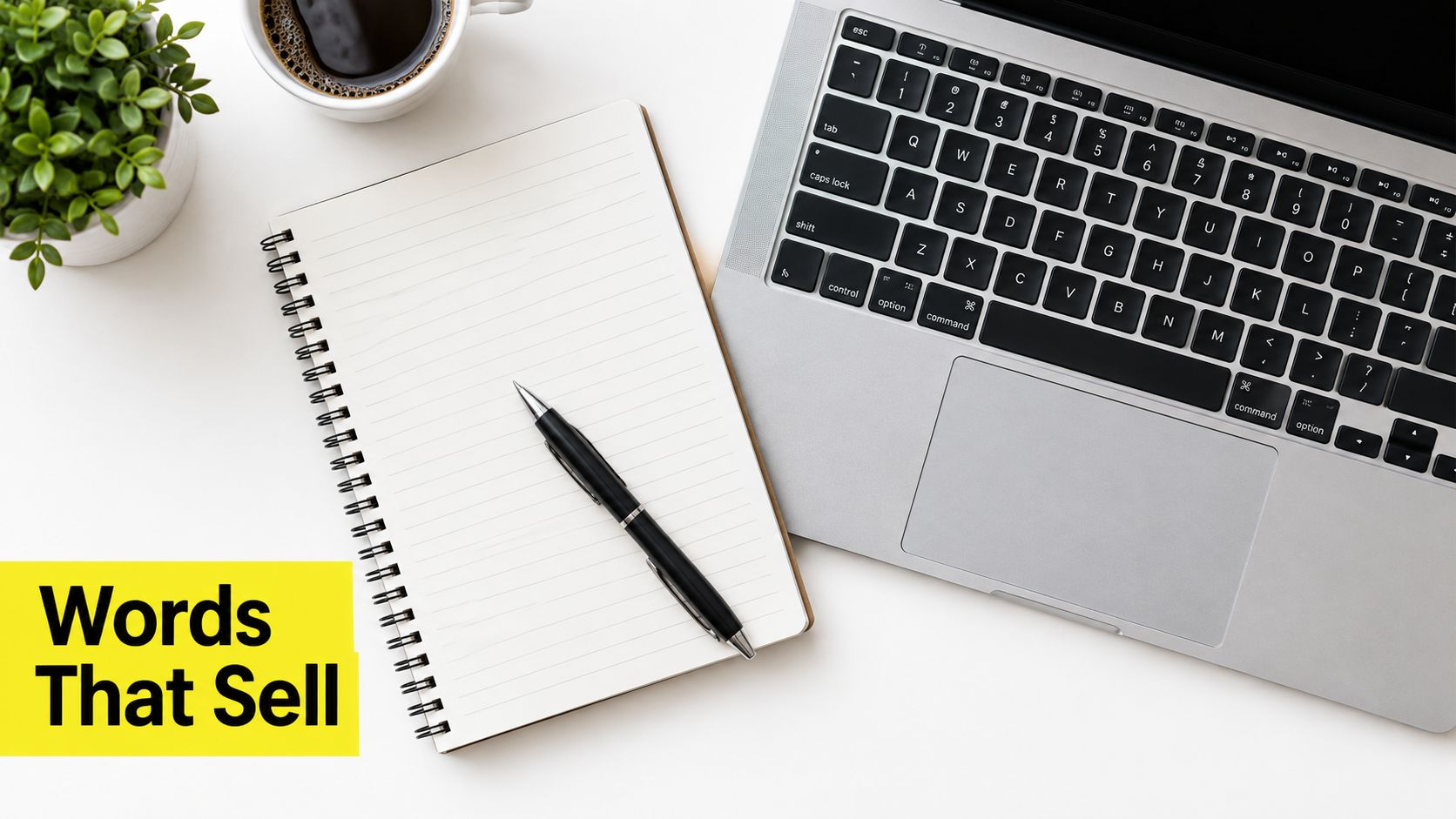A top-down view of a modern desk with a laptop, notebook, pen, coffee, and a plant.