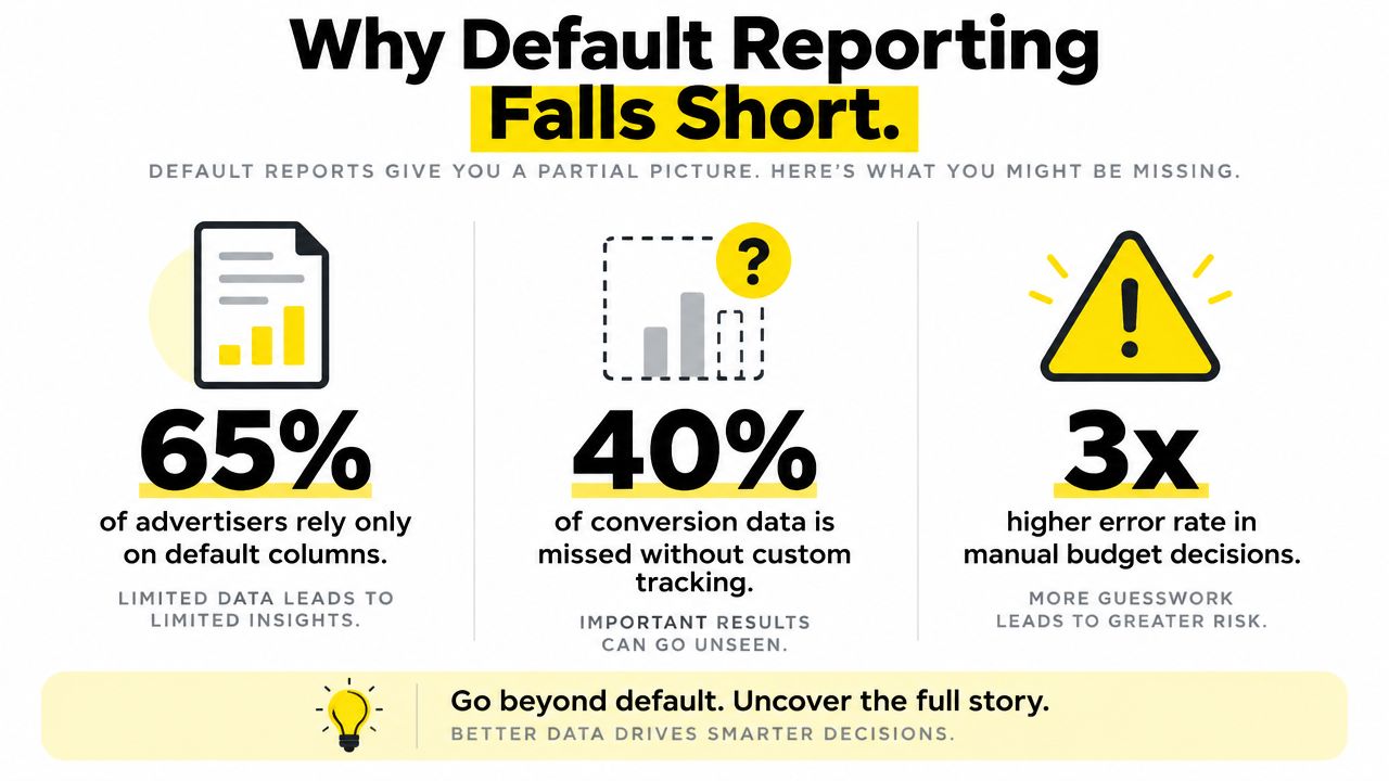 An infographic illustrating three key risks of relying solely on default advertising reports for marketing analytics.