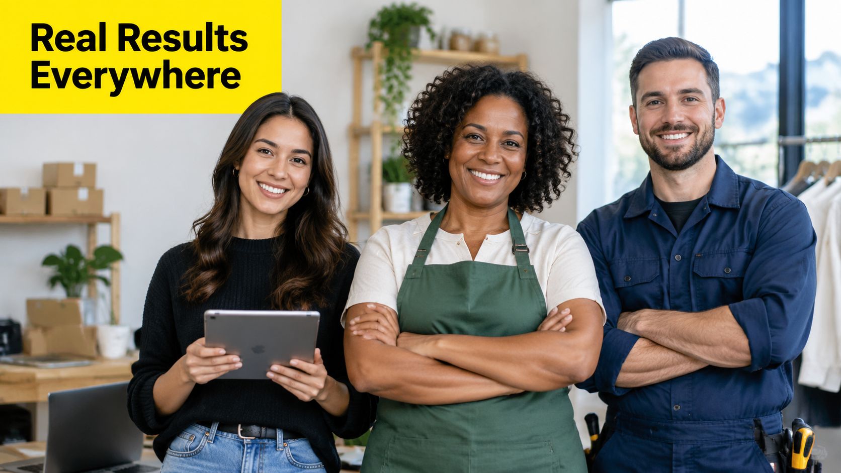 A diverse team of business professionals standing together in a store, smiling, promoting omnichannel marketing results.