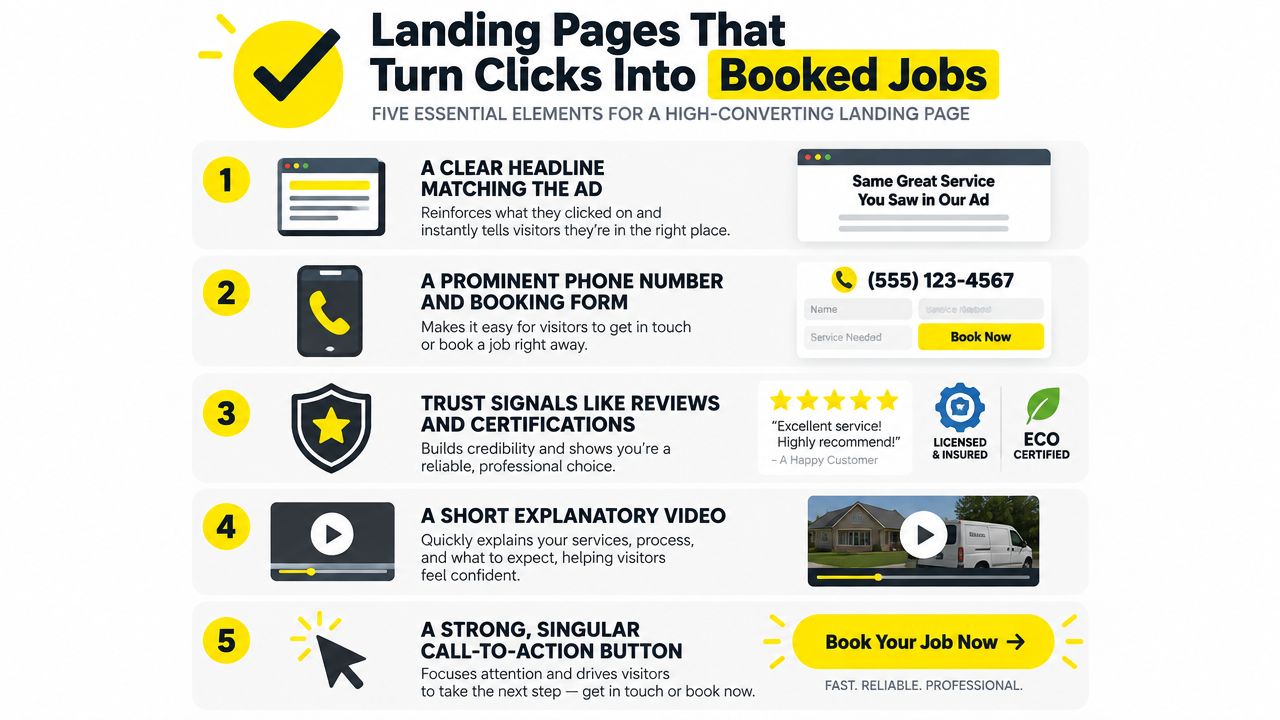 An infographic detailing five essential elements for creating high-converting landing pages for service-based businesses.
