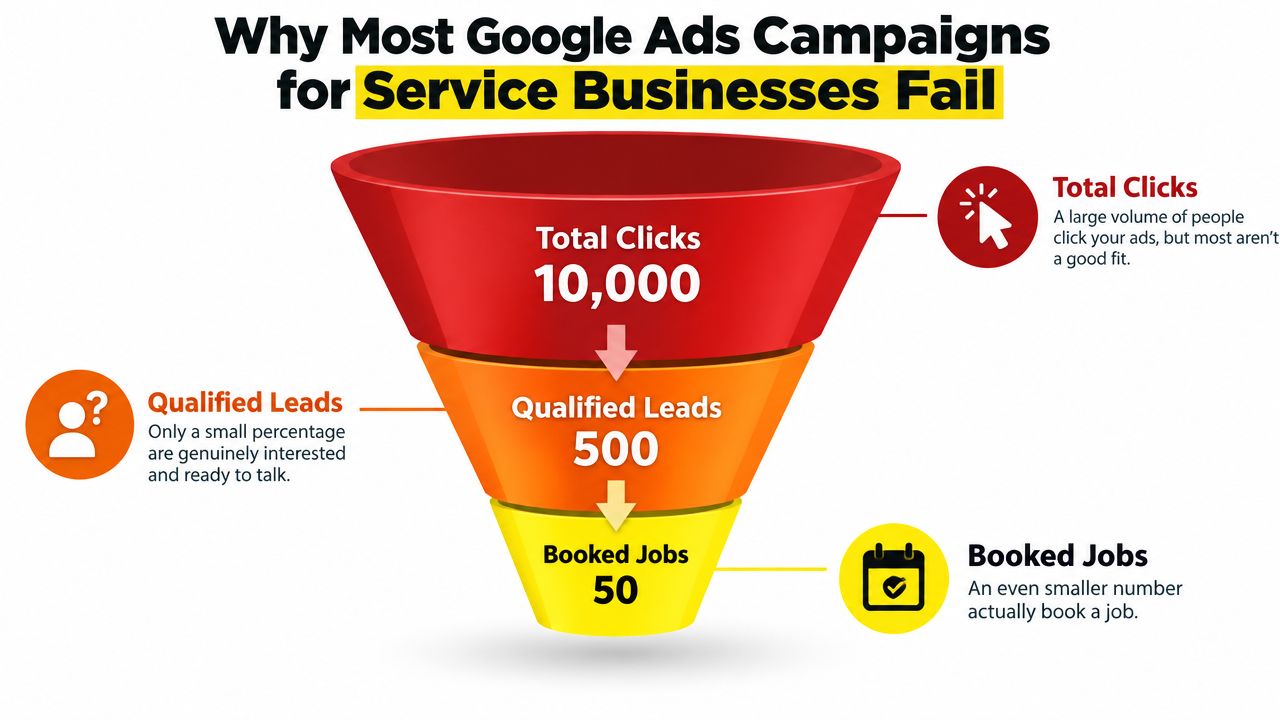A marketing funnel diagram showing the drop-off from 10,000 Google ad clicks to 50 booked service jobs.