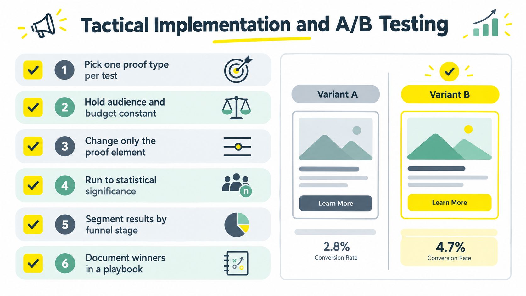 An infographic showing six steps for tactical A/B testing and social proof in advertising implementation strategies.