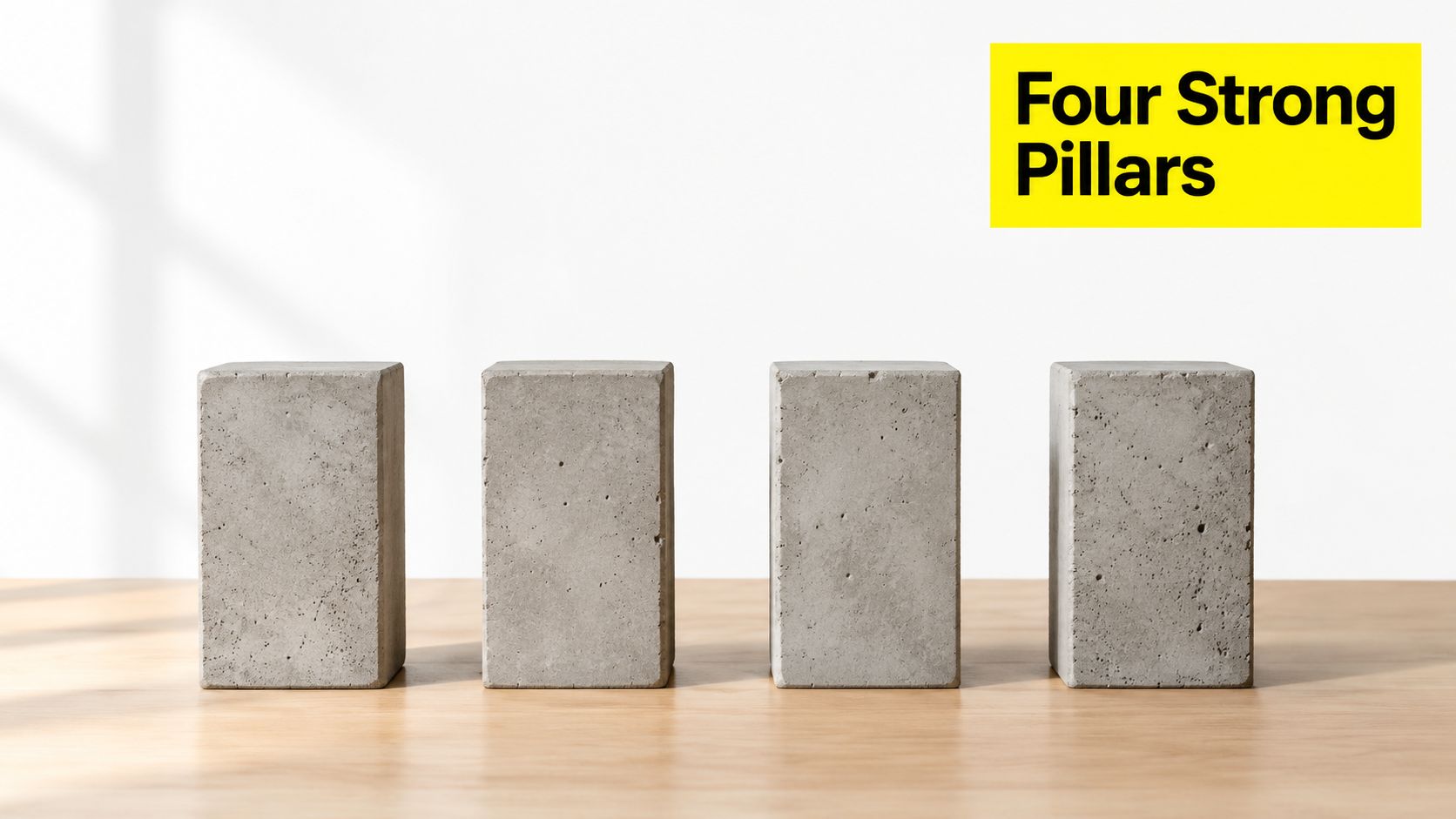 Four concrete rectangular pillars arranged side by side on a wooden surface against a white background.