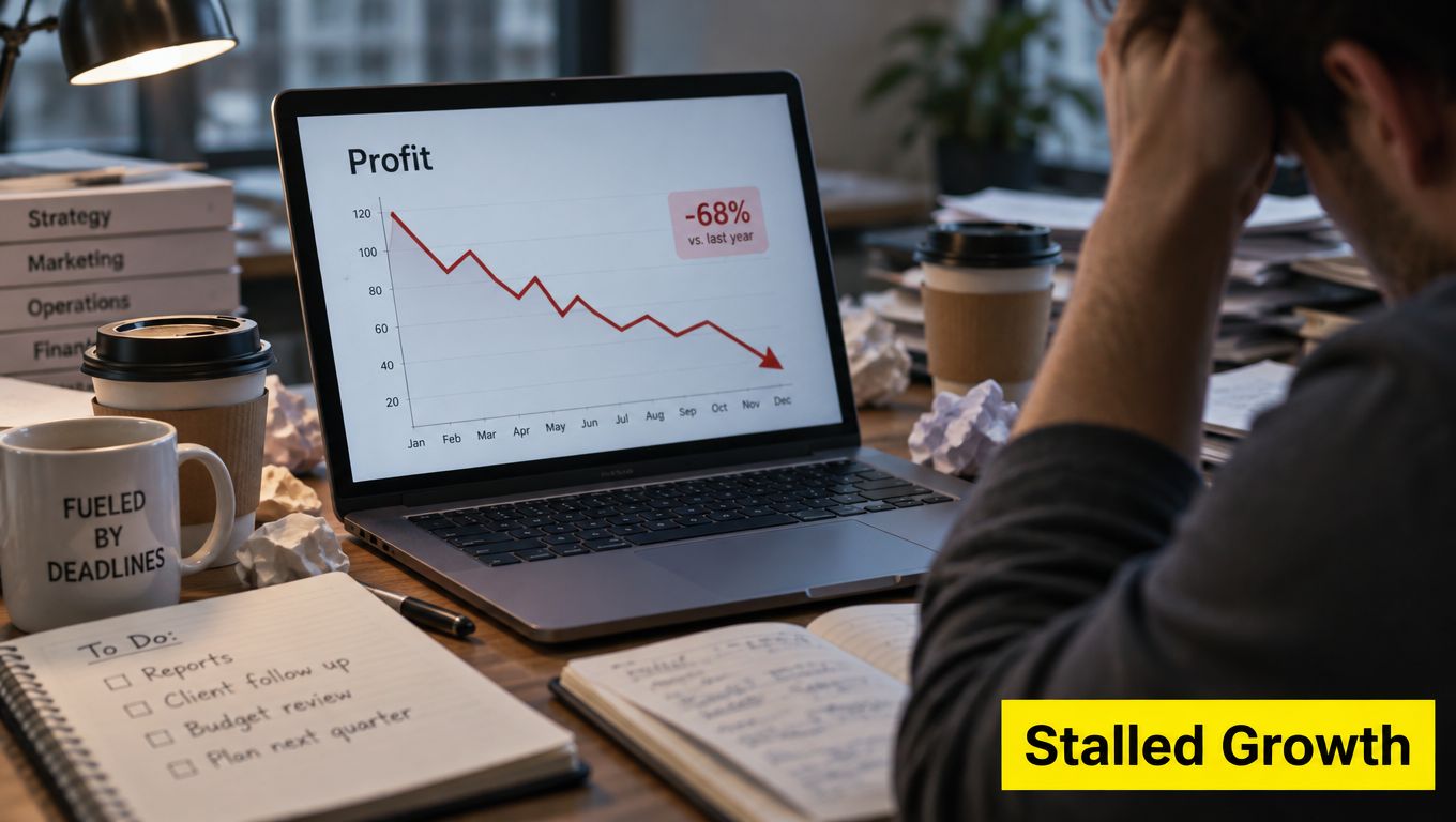 A stressed businessman looking at a laptop screen showing a declining profit chart in his office.
