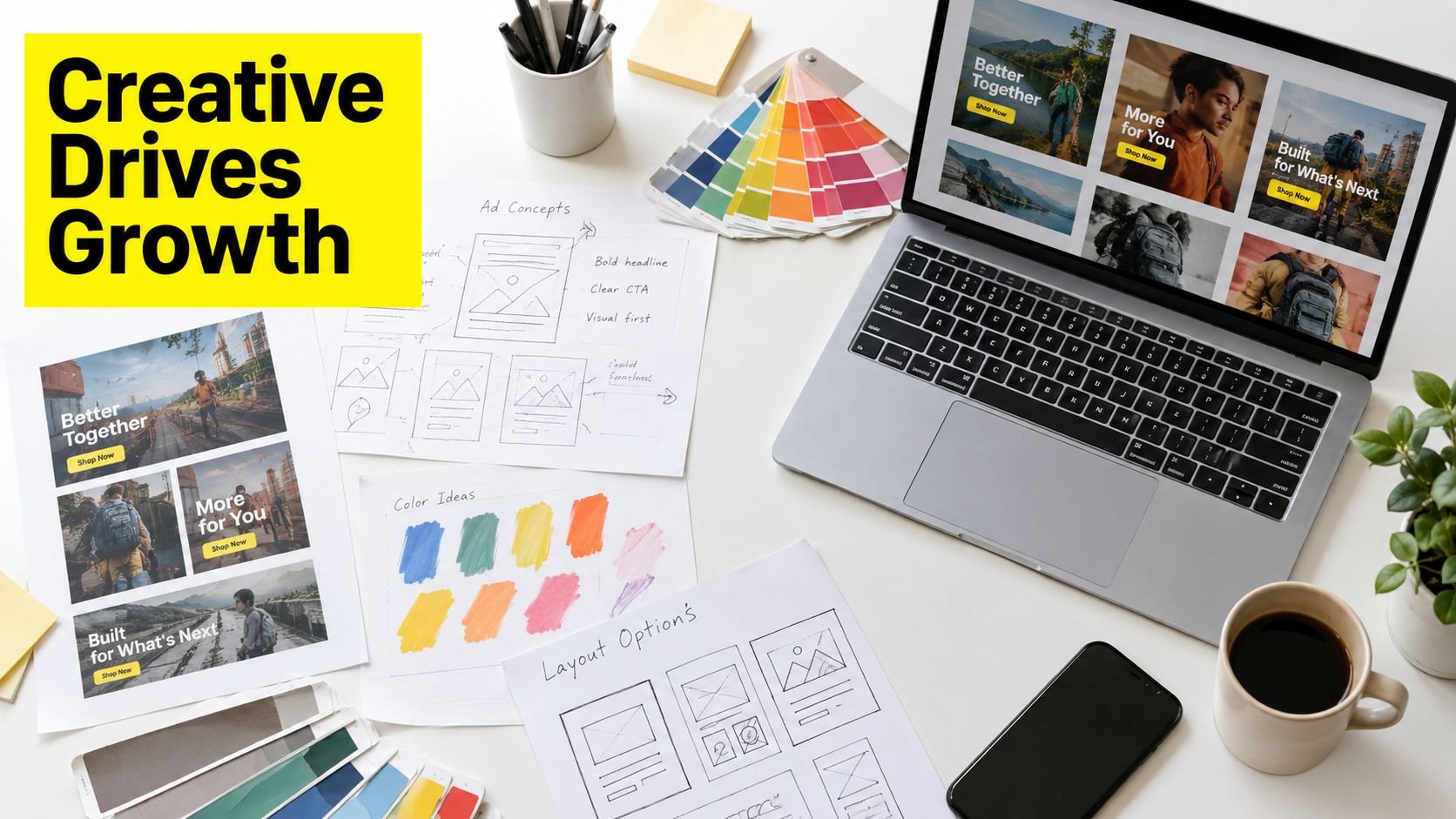 A professional workspace featuring a laptop, design sketches, color swatches, and a coffee mug on a white desk.