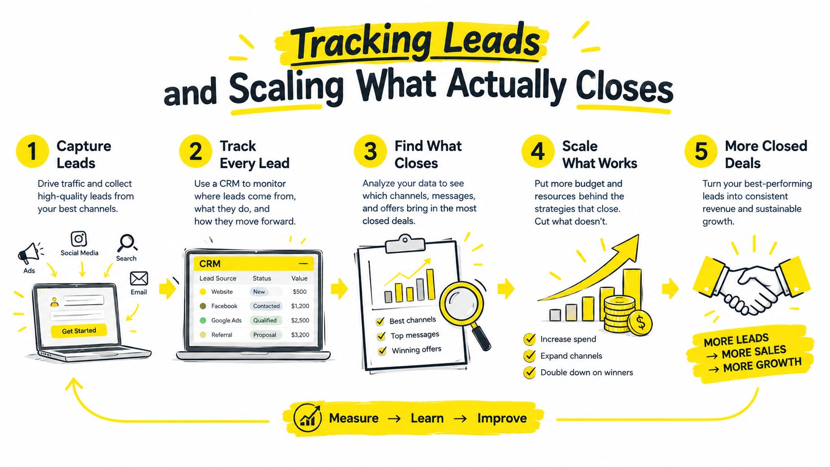 An infographic showing a five-step process for tracking marketing leads and scaling a business to increase sales.