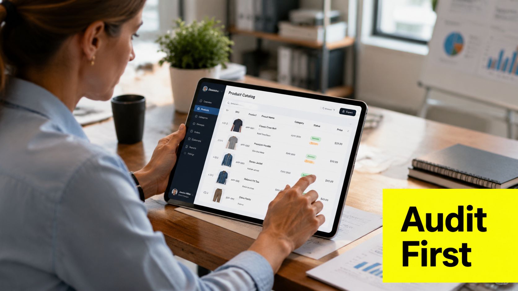 A professional woman uses a digital tablet to review product catalog data in an office workspace setting.