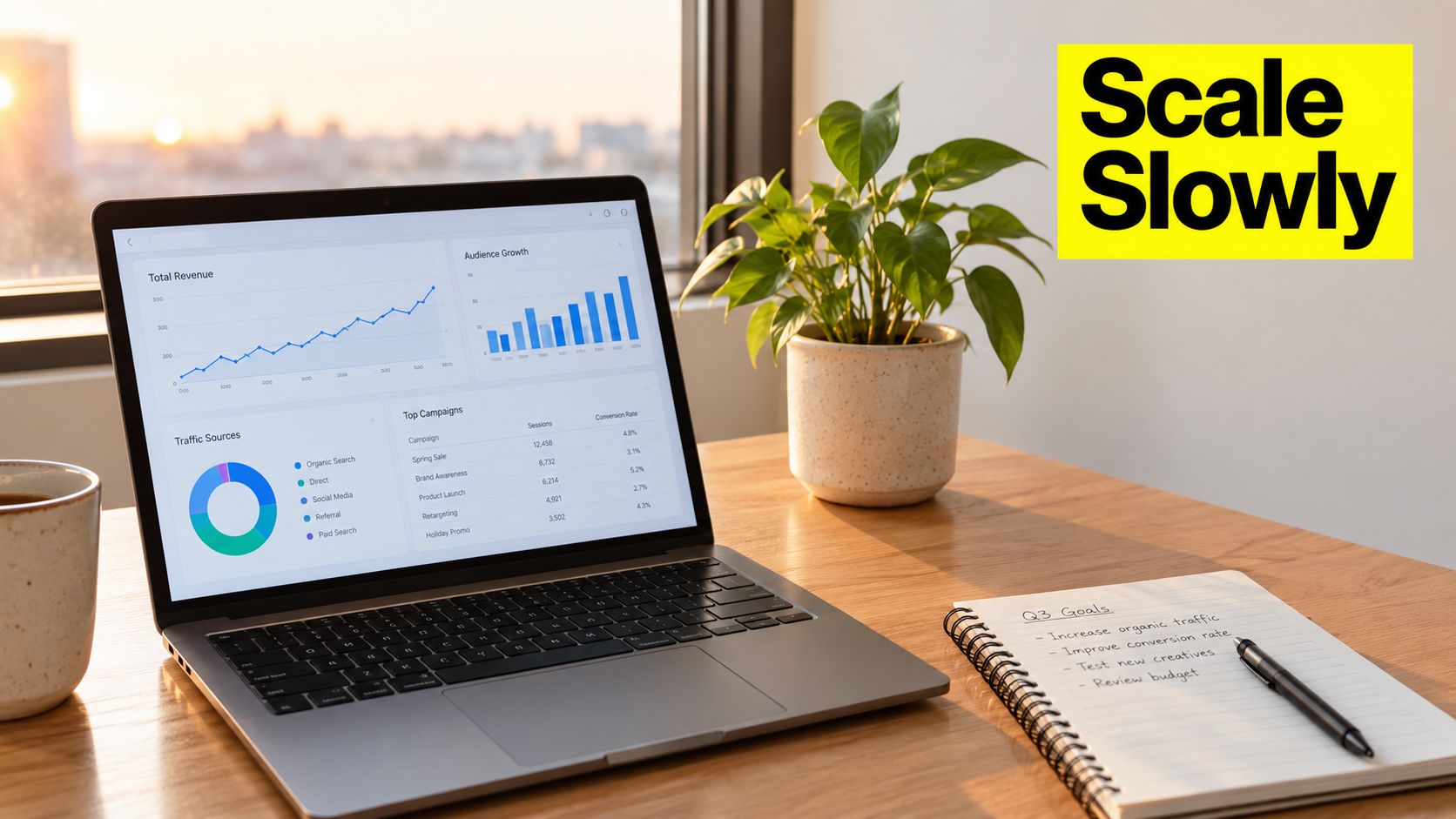 A laptop showing business analytics charts next to a notebook with Q3 goals on a wooden desk.