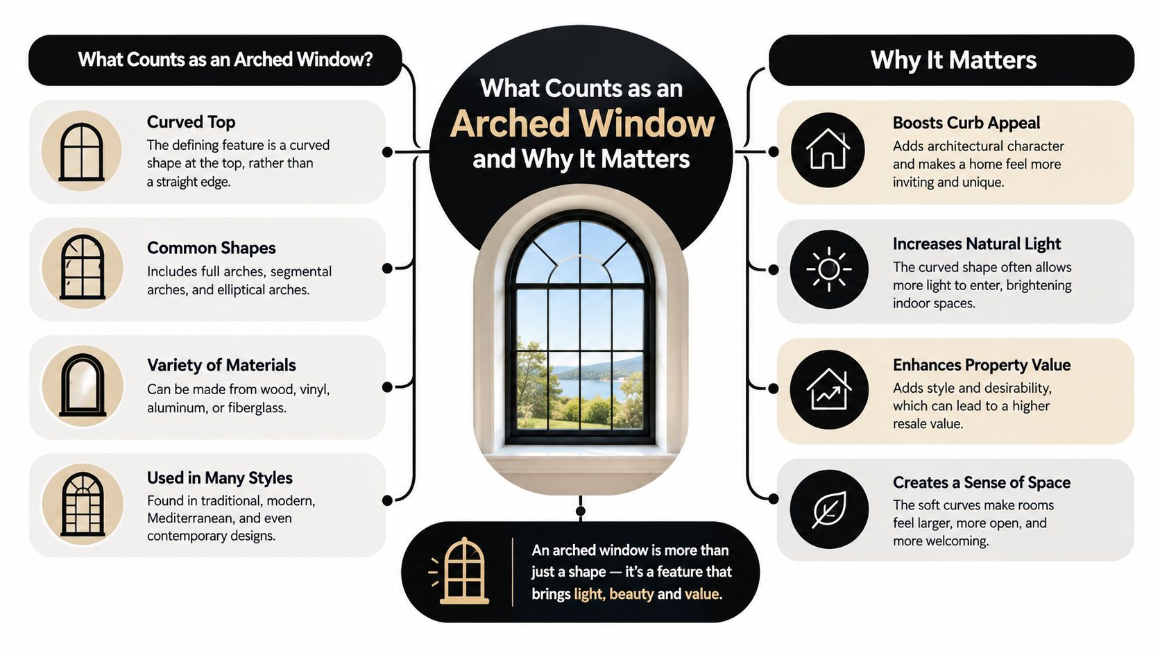 An infographic detailing the features and benefits of installing arched windows in residential homes.