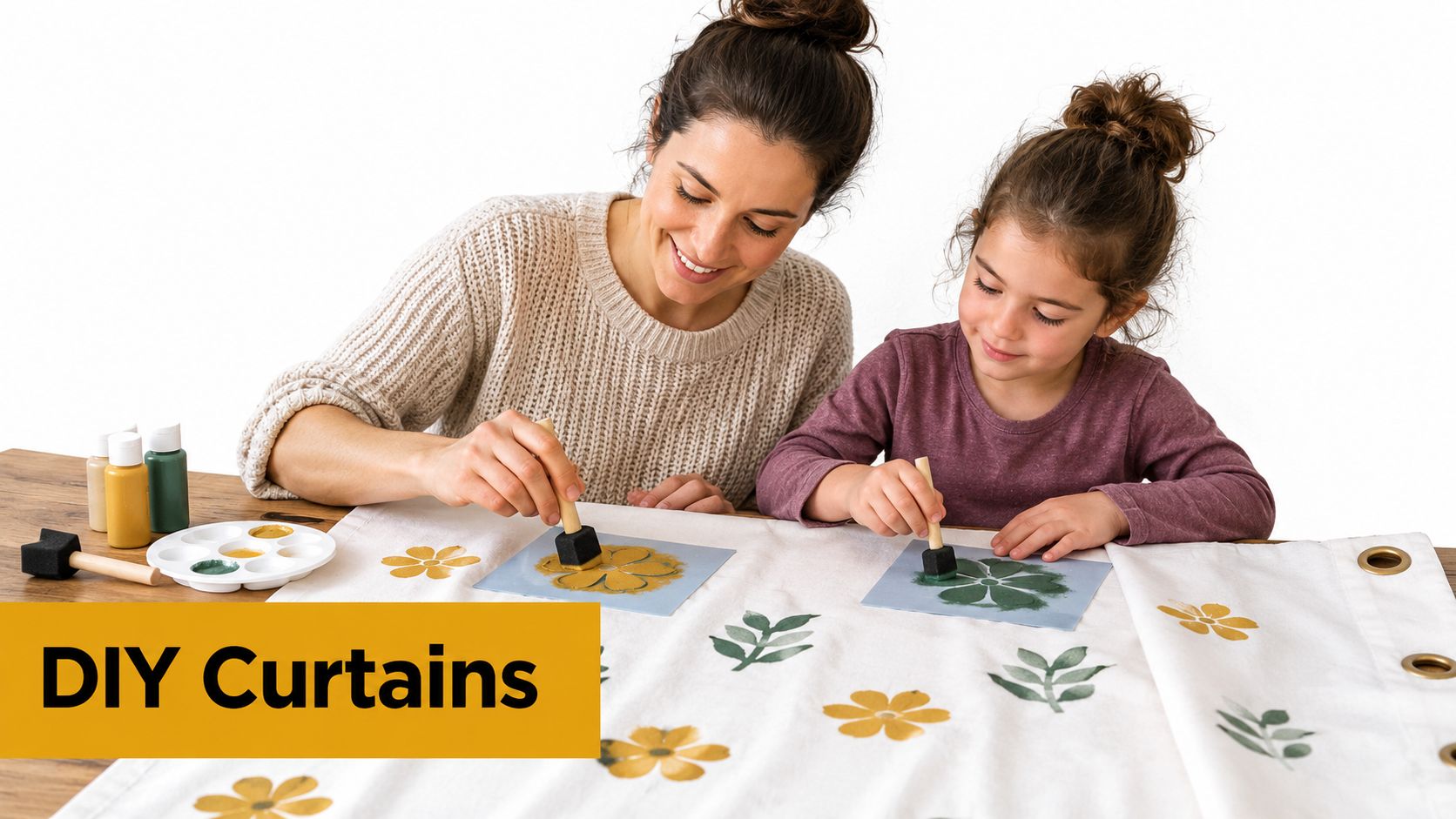 A mother and her daughter painting floral patterns onto curtains as a fun DIY project together.