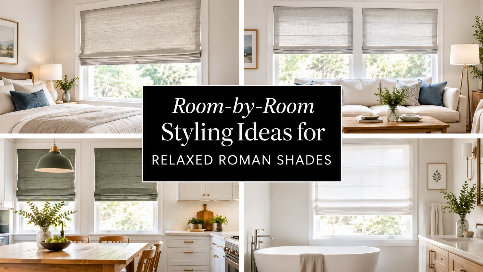 A collage showing relaxed roman shades styled in a bedroom, living room, dining room, and bathroom.