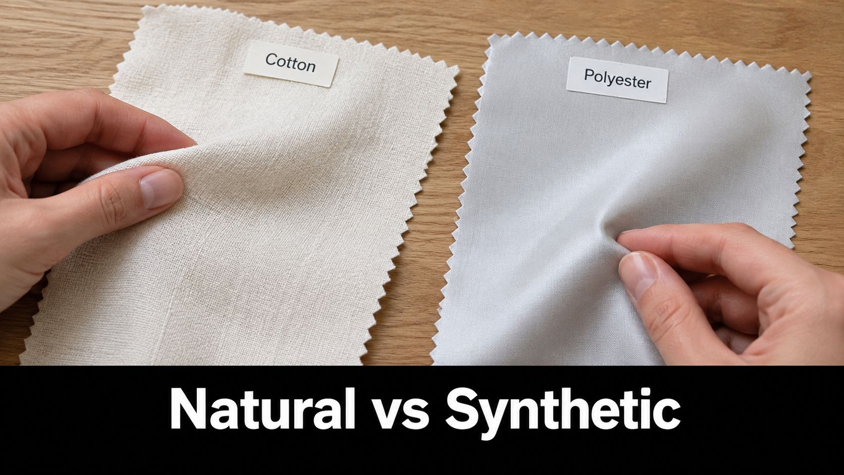 A close-up view comparing cotton and polyester fabric swatches held by hands on a wooden background.