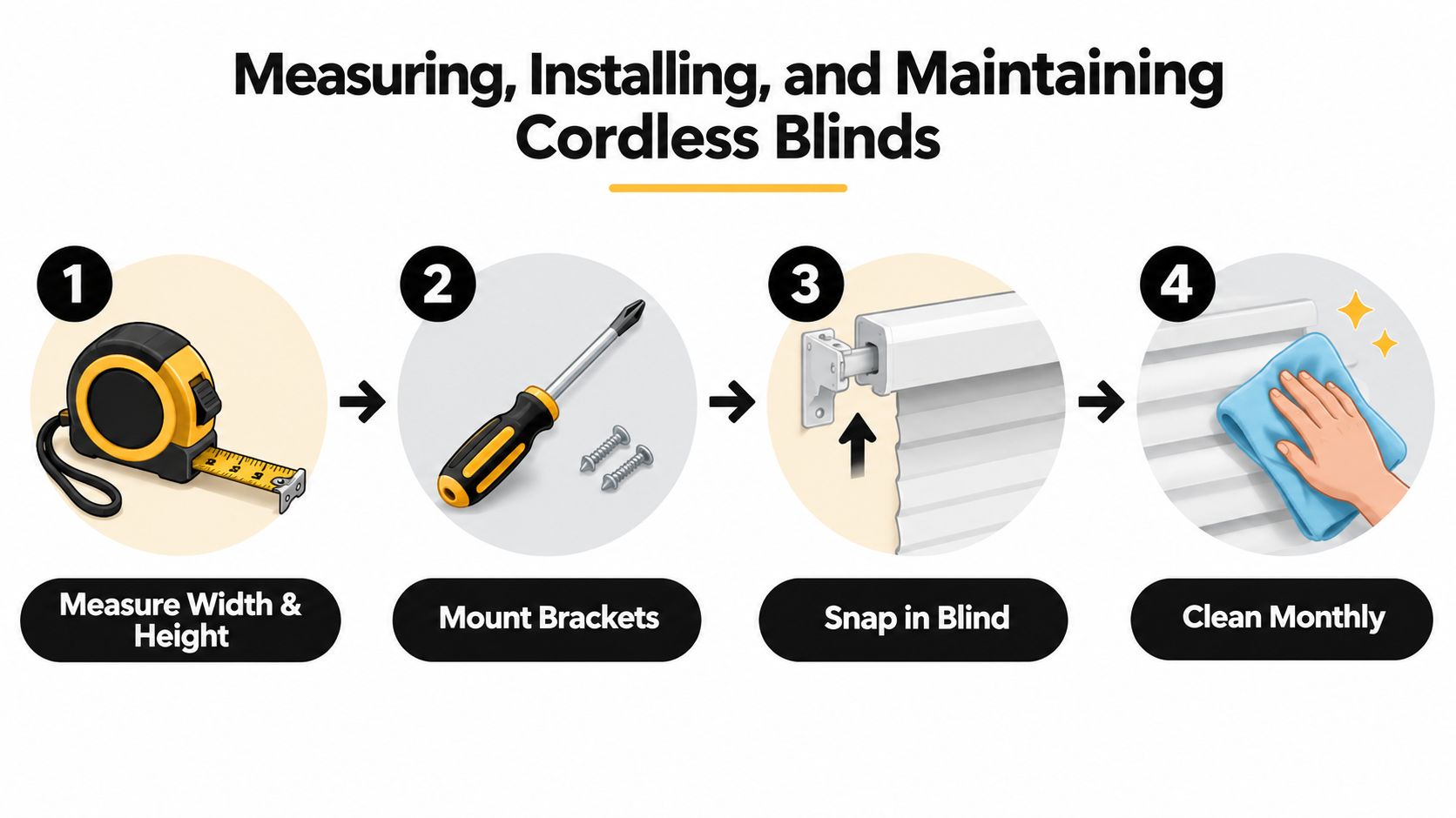 A four-step infographic illustrating the process of measuring, installing, and cleaning cordless window blinds.