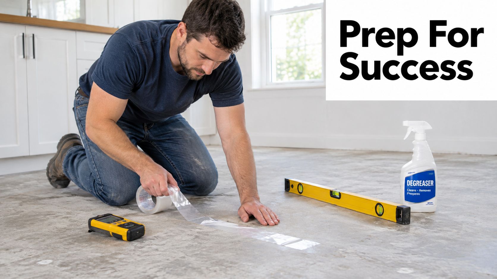 A man kneeling on a concrete floor using tape to prepare a surface for tile installation.