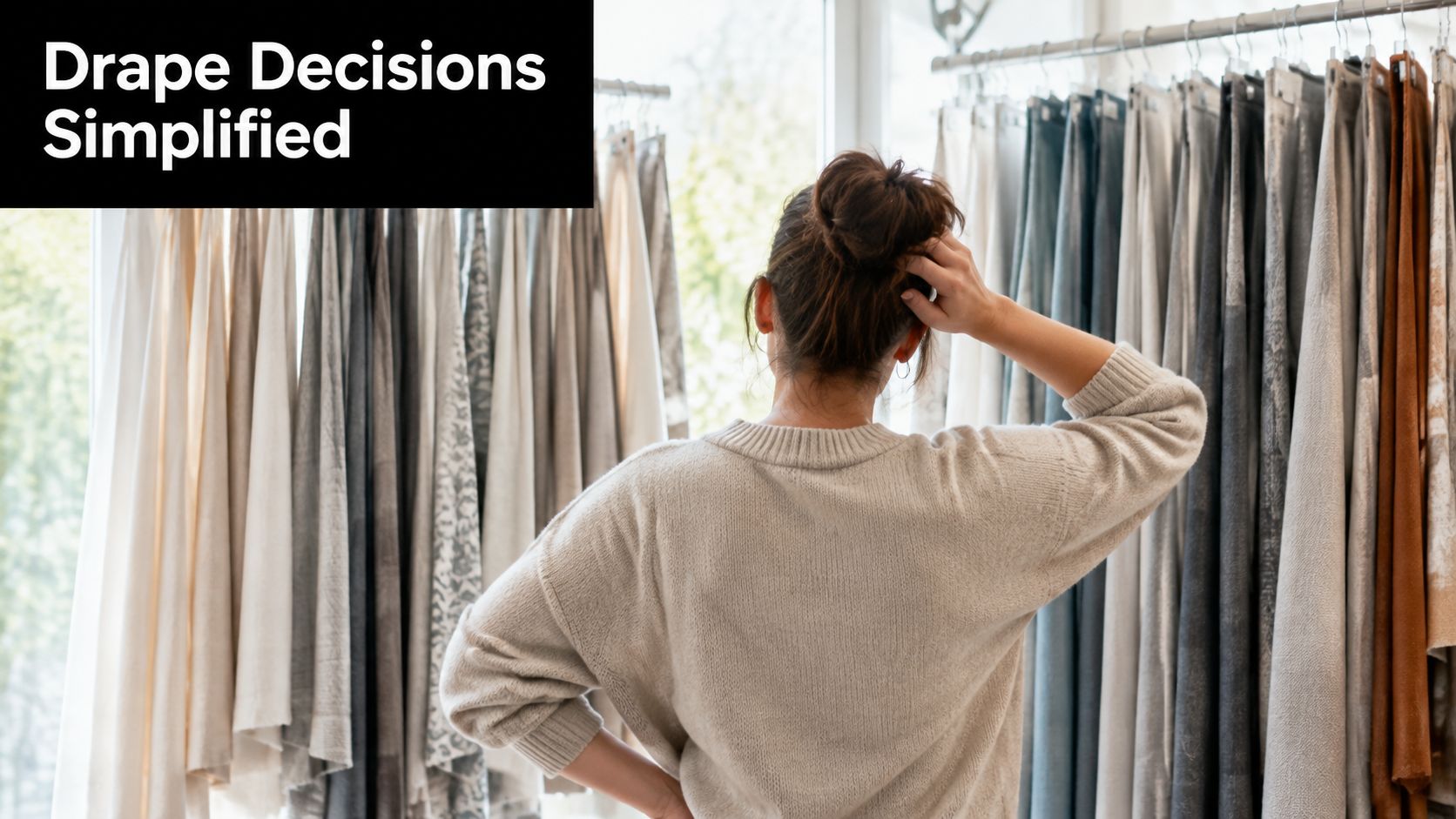 A woman stands in a fabric shop feeling overwhelmed by many options for new window curtains.