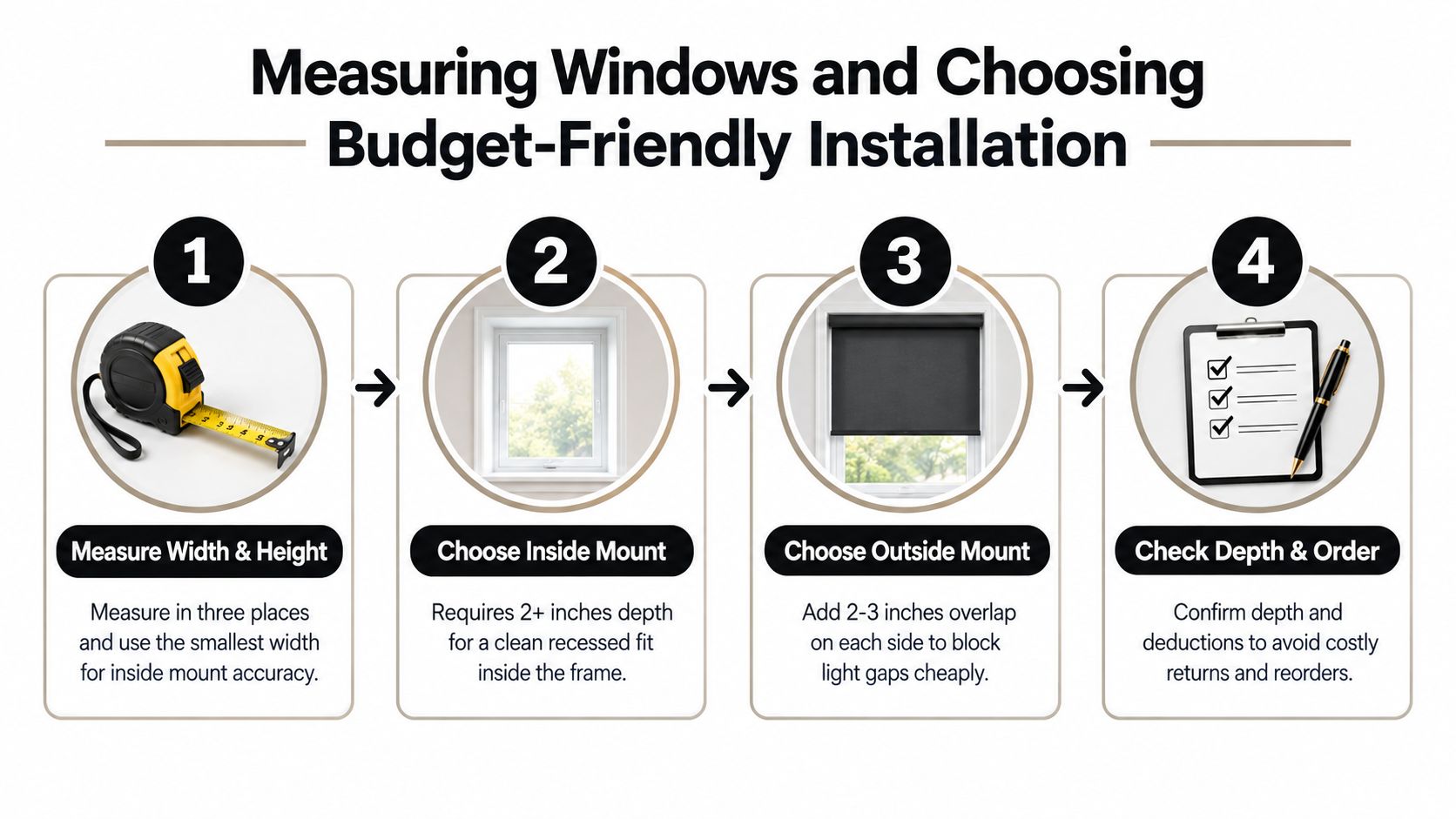 A four-step infographic illustrating how to measure windows for budget-friendly roller shade installation.