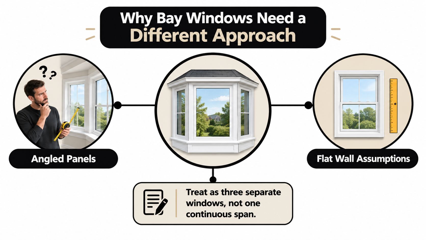 An infographic illustrating that bay windows require a different measurement approach than flat windows.
