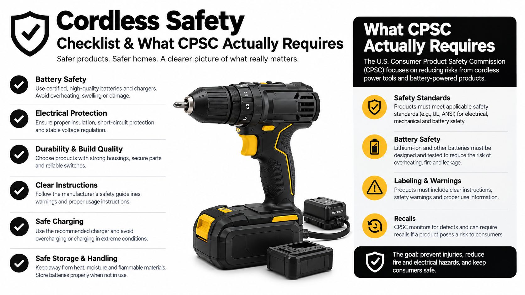 An infographic titled Cordless Safety outlining tips for using cordless power tools and CPSC safety requirements.