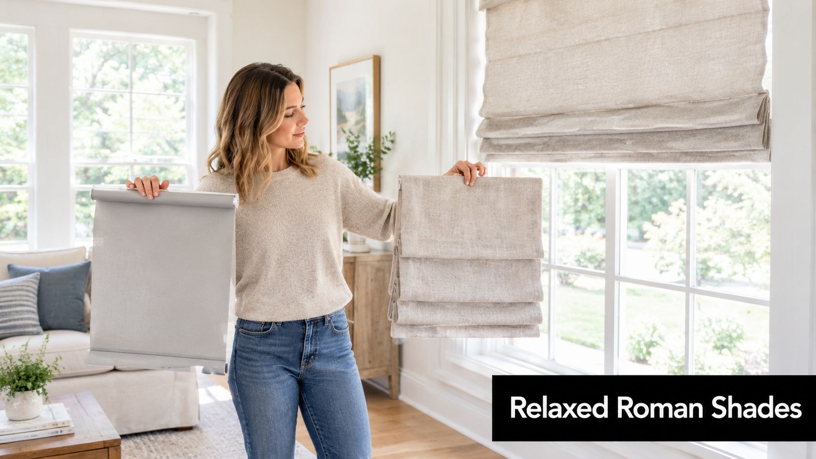 A woman holding samples of different blind fabrics, comparing a flat roller shade to a relaxed roman shade.